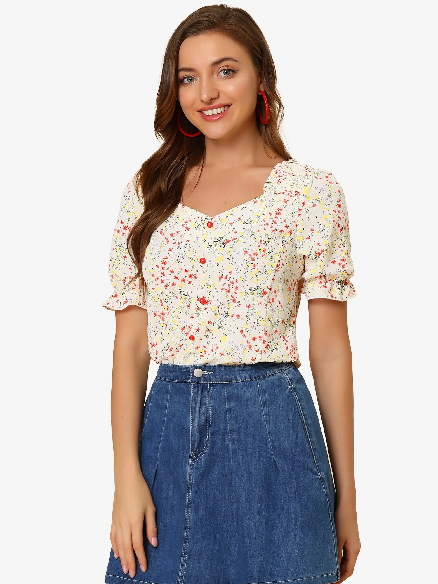 Floral Print Blouse Sweetheart Neck Short Sleeve Slim Fit Summer Tops sold by Allegra K