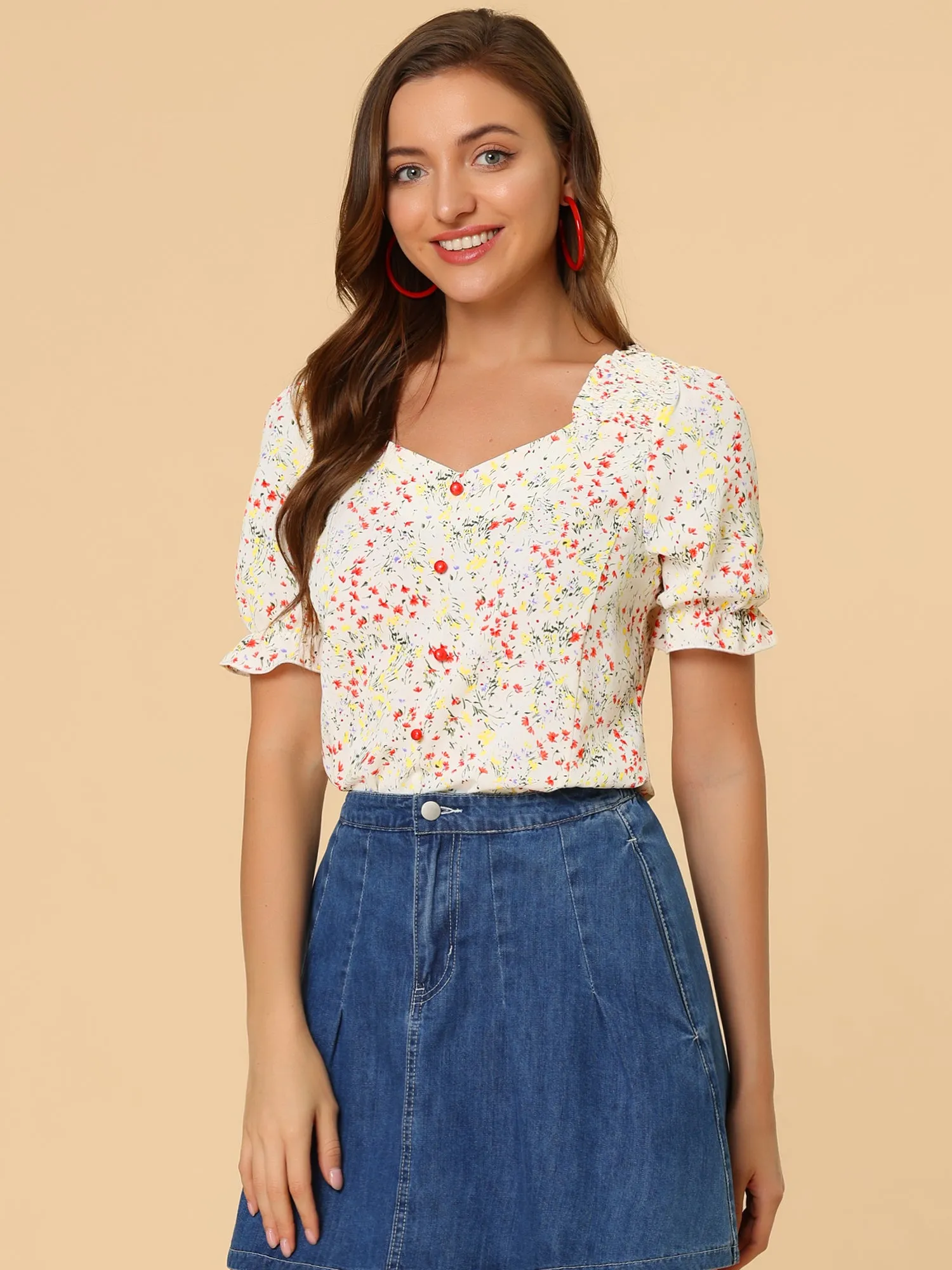 Floral Print Blouse Sweetheart Neck Short Sleeve Slim Fit Summer Tops sold by Allegra K product image thumbnail 2