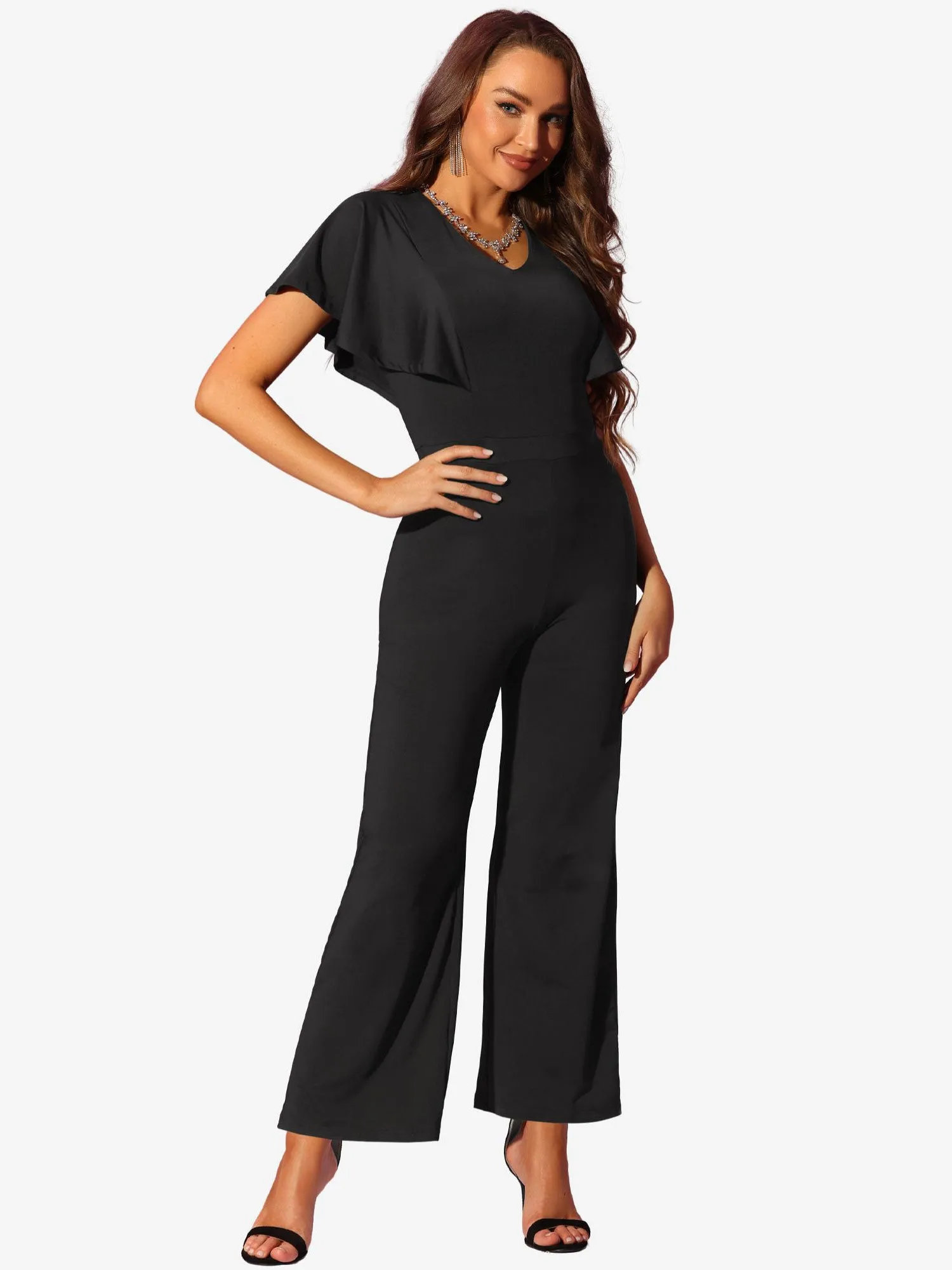V Neck High Waist Flare Sleeves Casual Dressy Wide Leg Jumpsuits sold by Allegra K