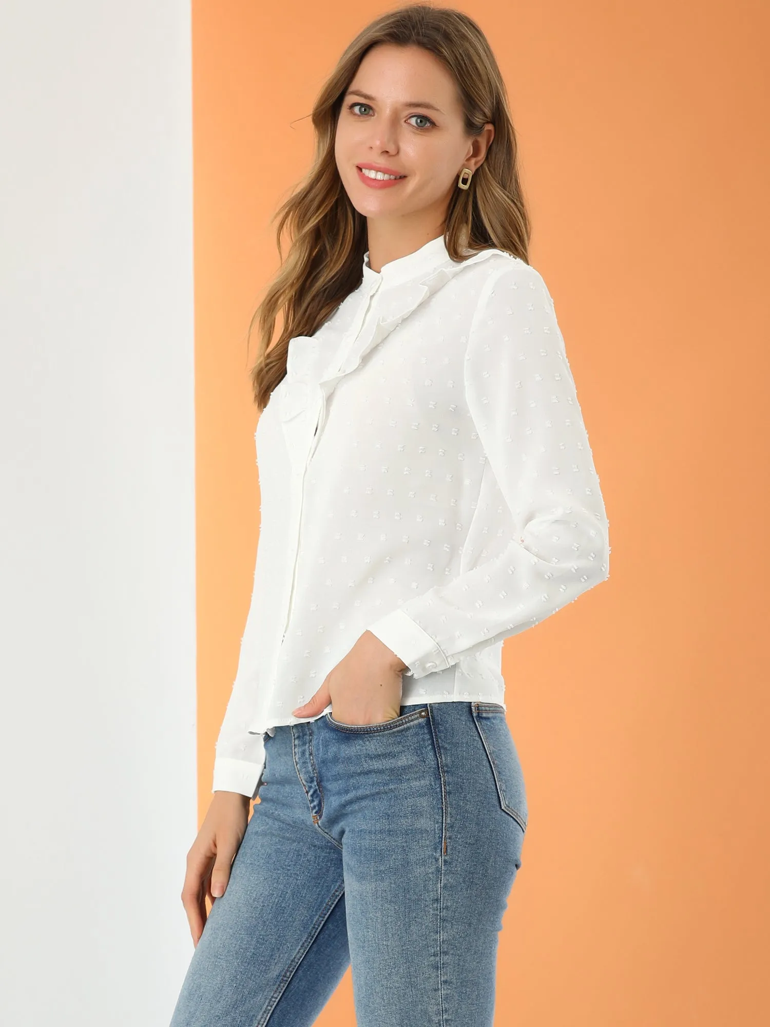 Casual Work Peasant Swiss Dot Ruffle Trim Stand Collar Blouse sold by Allegra K product image thumbnail 4