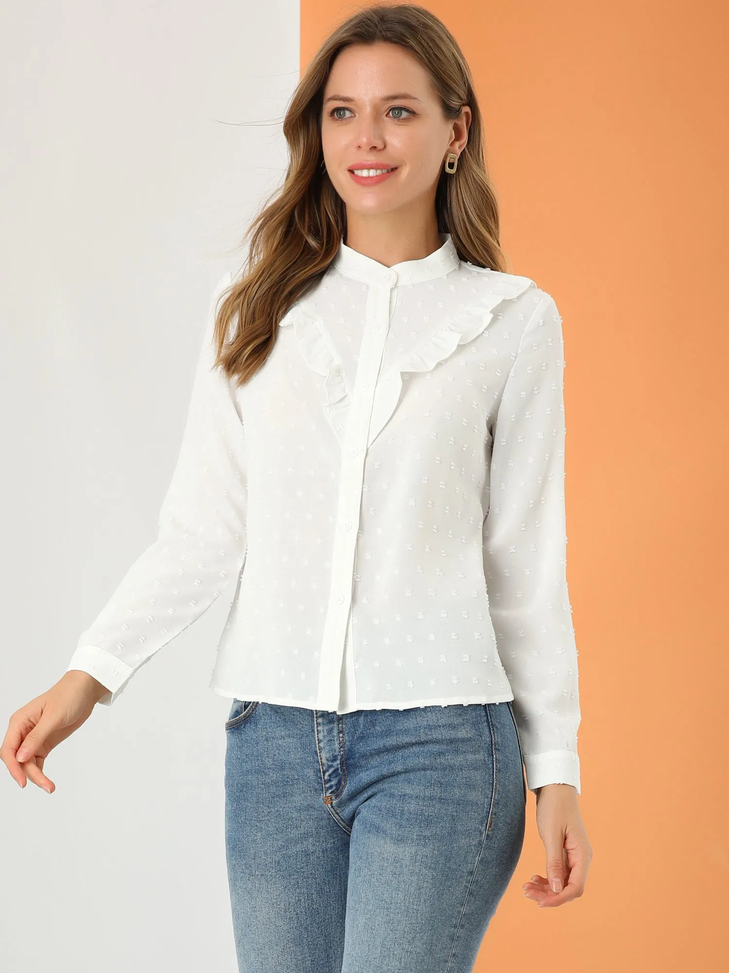 Casual Work Peasant Swiss Dot Ruffle Trim Stand Collar Blouse sold by Allegra K product image thumbnail 3