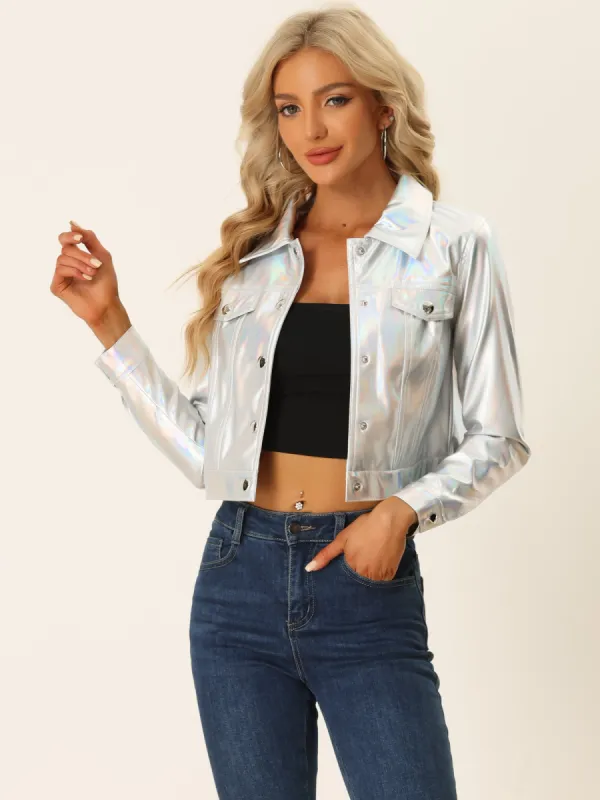 Metallic Biker Holographic Button Down Shiny Jacket sold by Allegra K