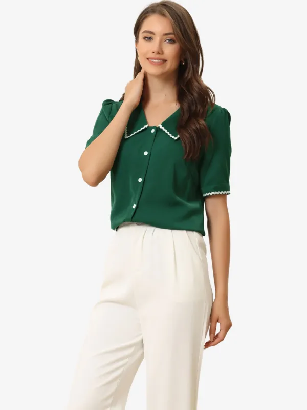 Short Sleeve Chiffon Collared Casual Work Button Down Blouse sold by Allegra K