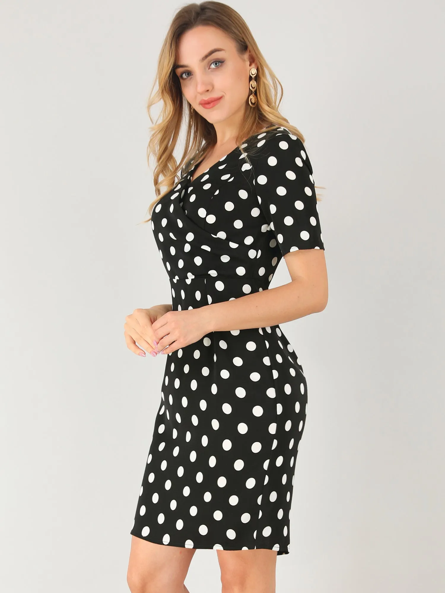 Retro 1950s V Neck Faux Wrap Polka Dots Sheath Dress sold by Allegra K product image thumbnail 3