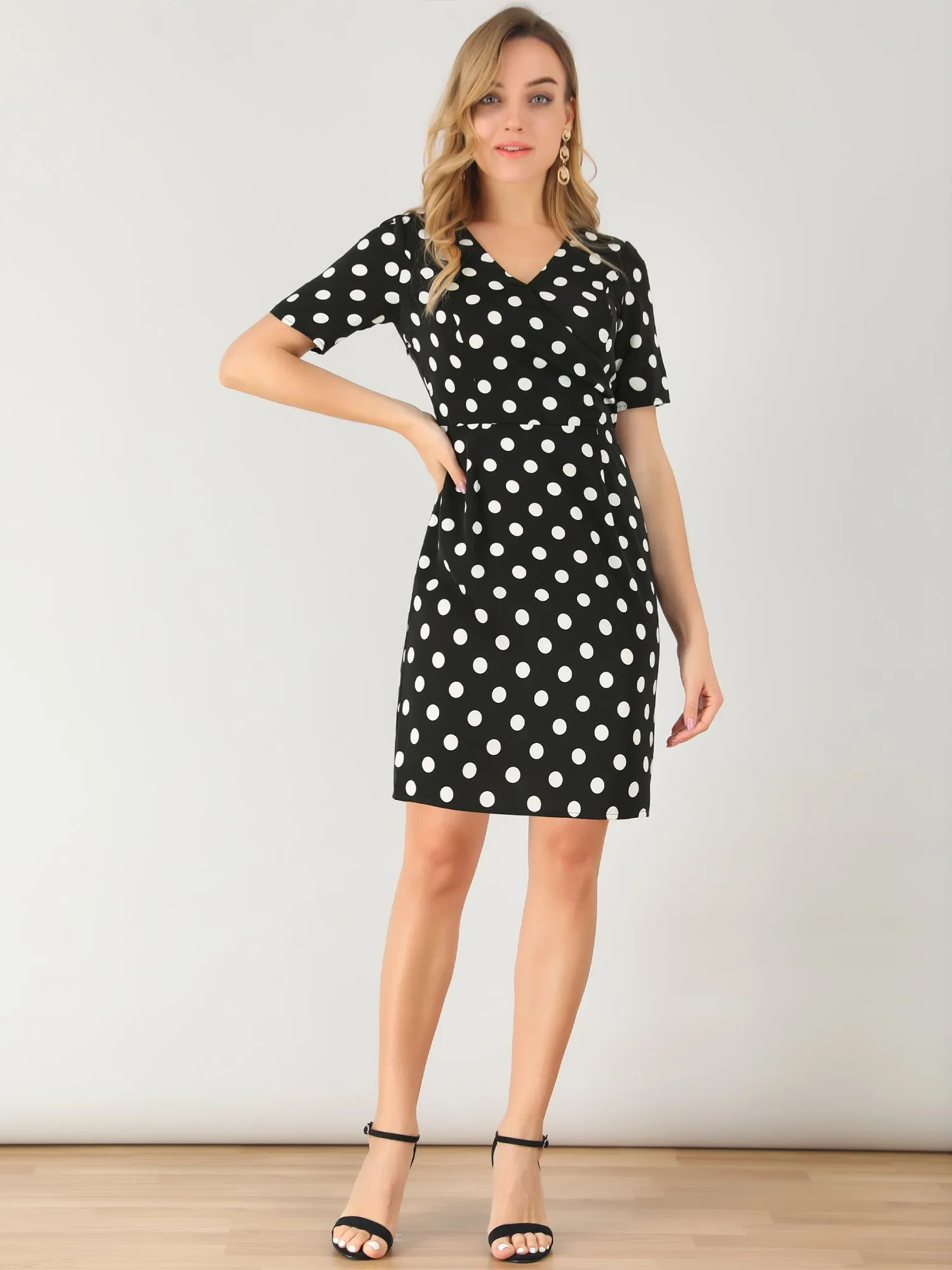 Retro 1950s V Neck Faux Wrap Polka Dots Sheath Dress sold by Allegra K