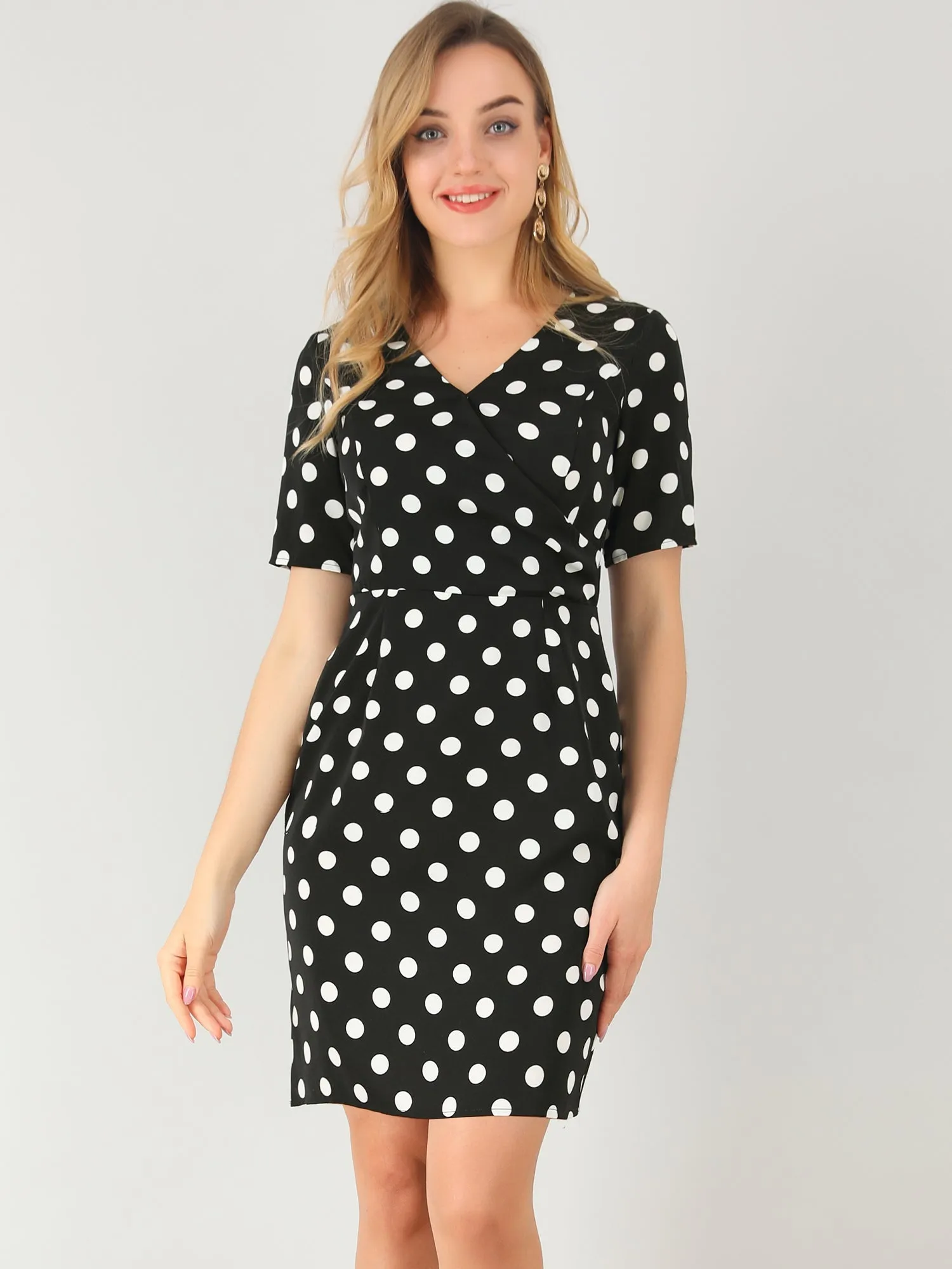 Retro 1950s V Neck Faux Wrap Polka Dots Sheath Dress sold by Allegra K product image thumbnail 4