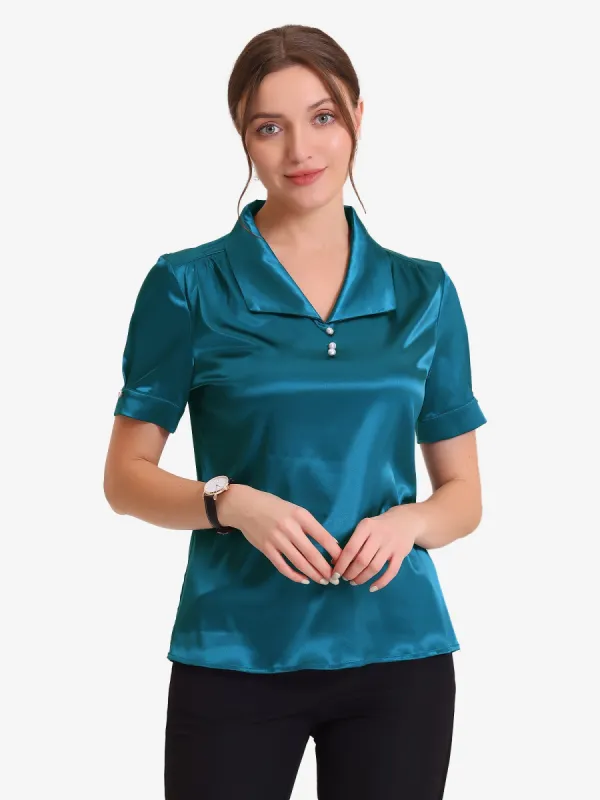 Summer Short Sleeve Silk Turndown Collar Silky Satin Blouse made by Allegra K