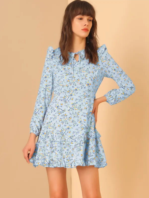 Floral Print Tie Neck Long Sleeve Layered Ruffle Hem Mini Dress sold by Allegra K