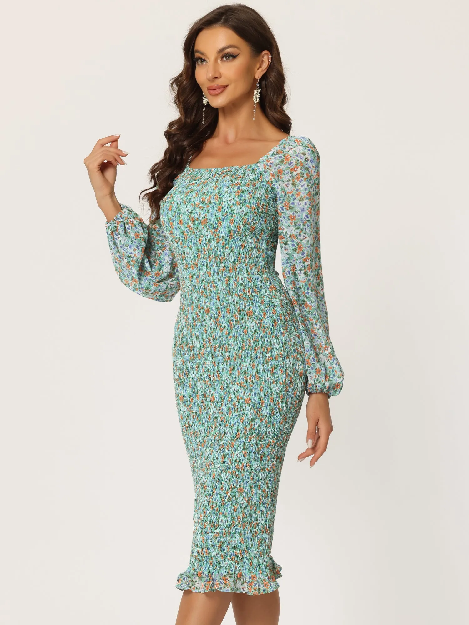 Floral Puff Sleeve Ruffle Bodycon Square Neck Smocked Mermaid Dress sold by Allegra K product image thumbnail 5