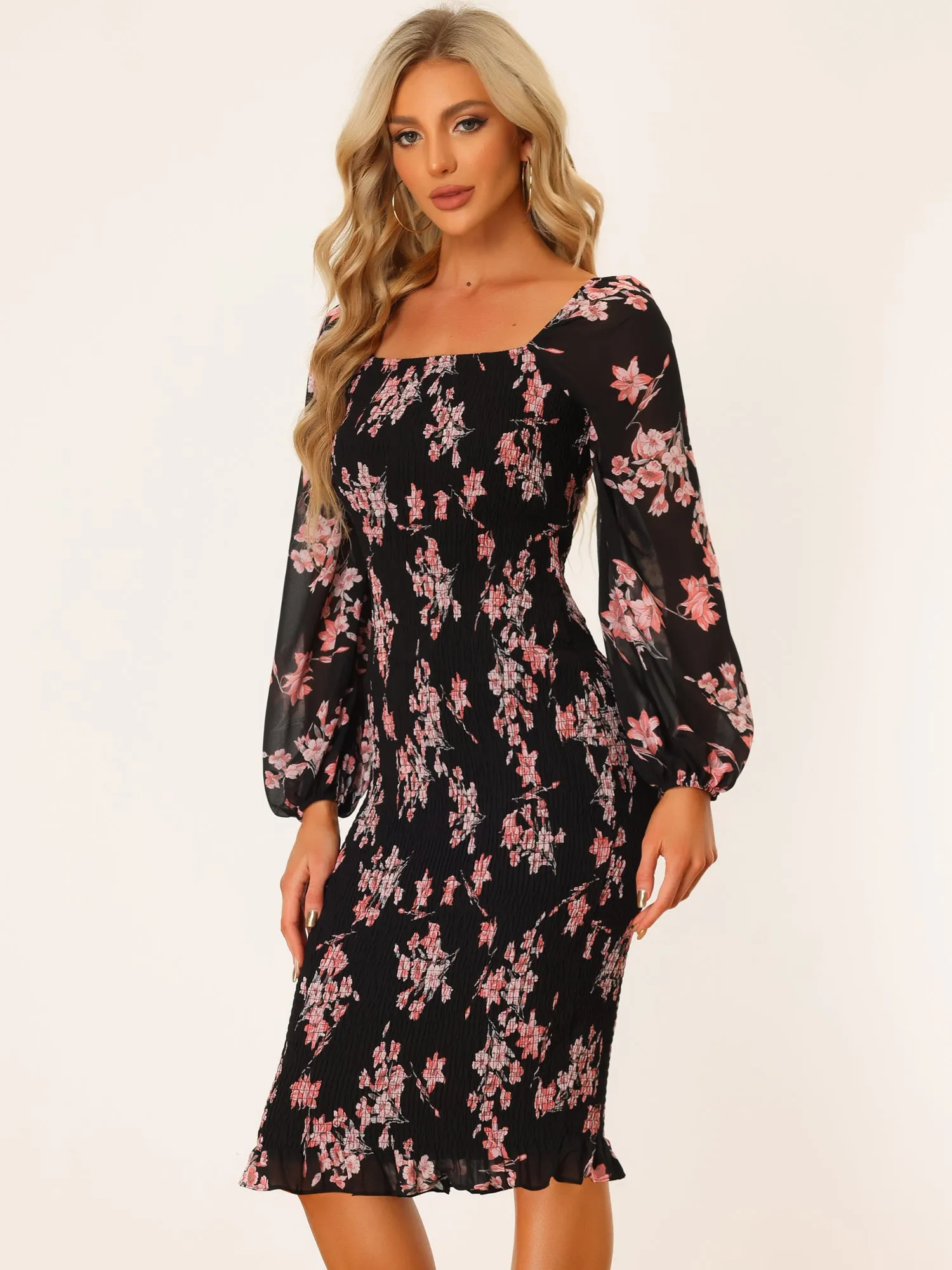 Floral Puff Sleeve Ruffle Bodycon Square Neck Smocked Mermaid Dress sold by Allegra K