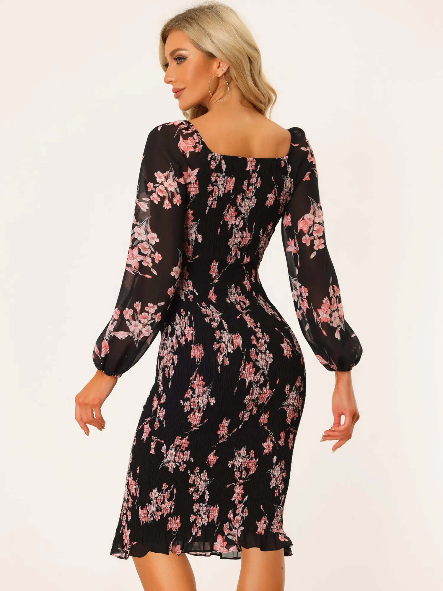 Floral Puff Sleeve Ruffle Bodycon Square Neck Smocked Mermaid Dress sold by Allegra K product image thumbnail 2