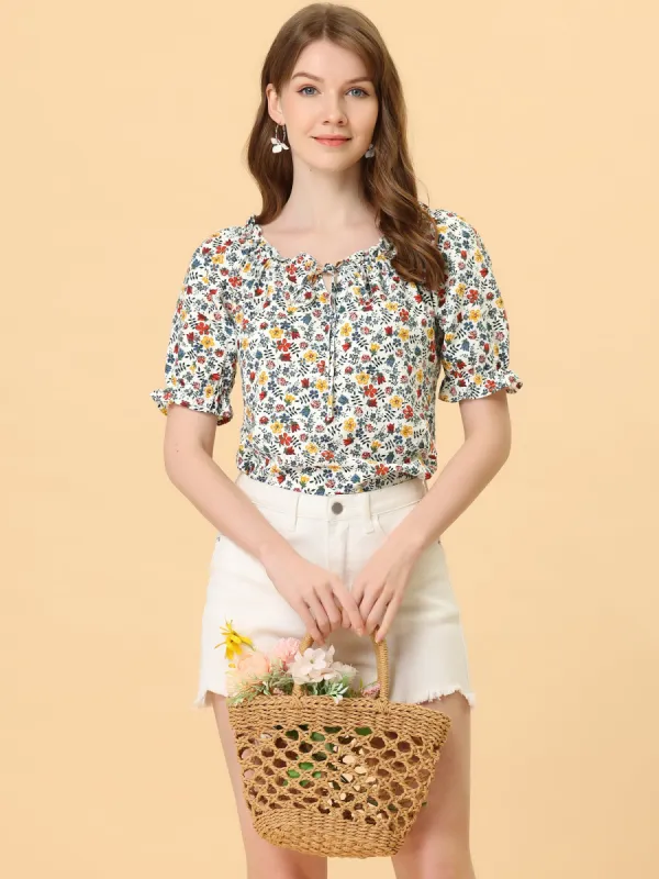 Sweetheart Neck Raglan Sleeve Retro Ruffle Floral Tops sold by Allegra K