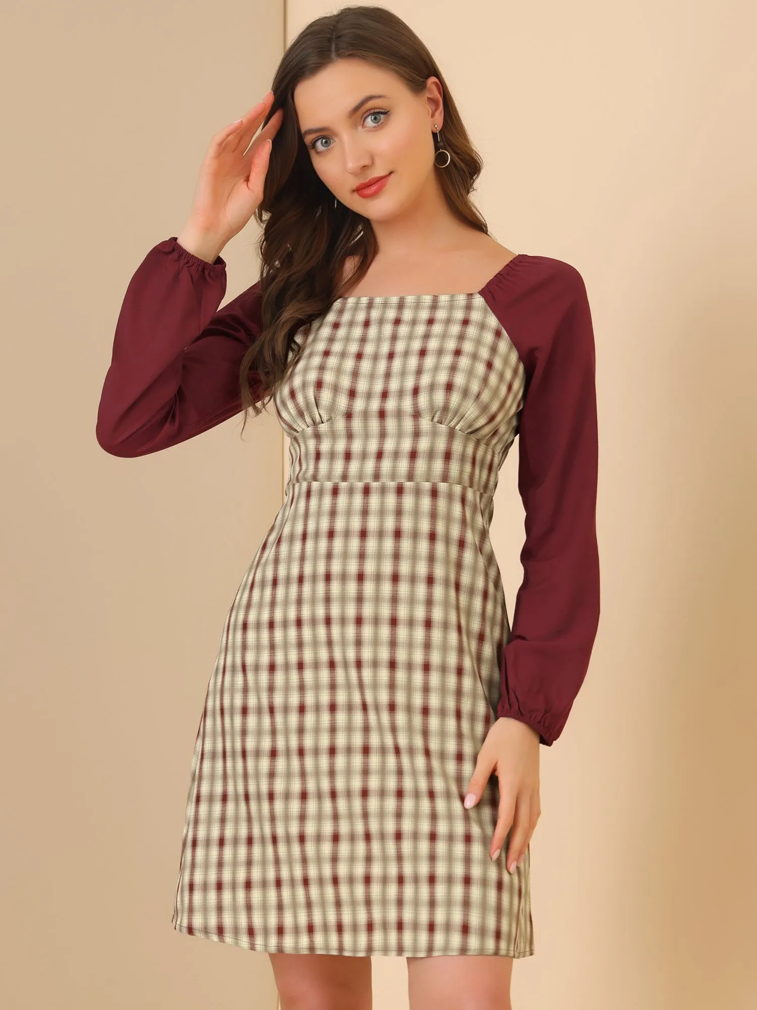 Square Neck Plaid Contrast Long Sleeve A-Line Dress sold by Allegra K product image thumbnail 2