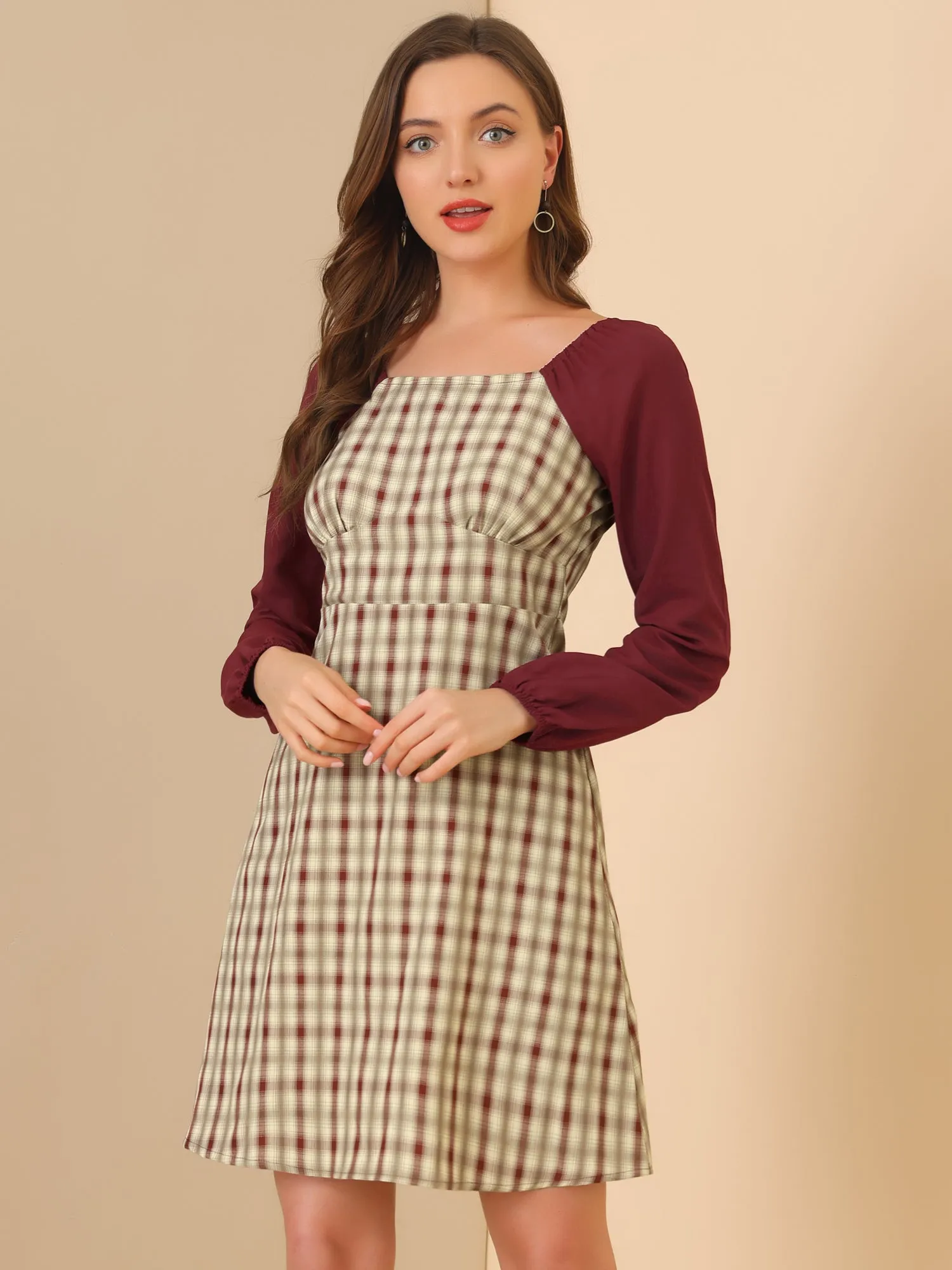 Square Neck Plaid Contrast Long Sleeve A-Line Dress sold by Allegra K