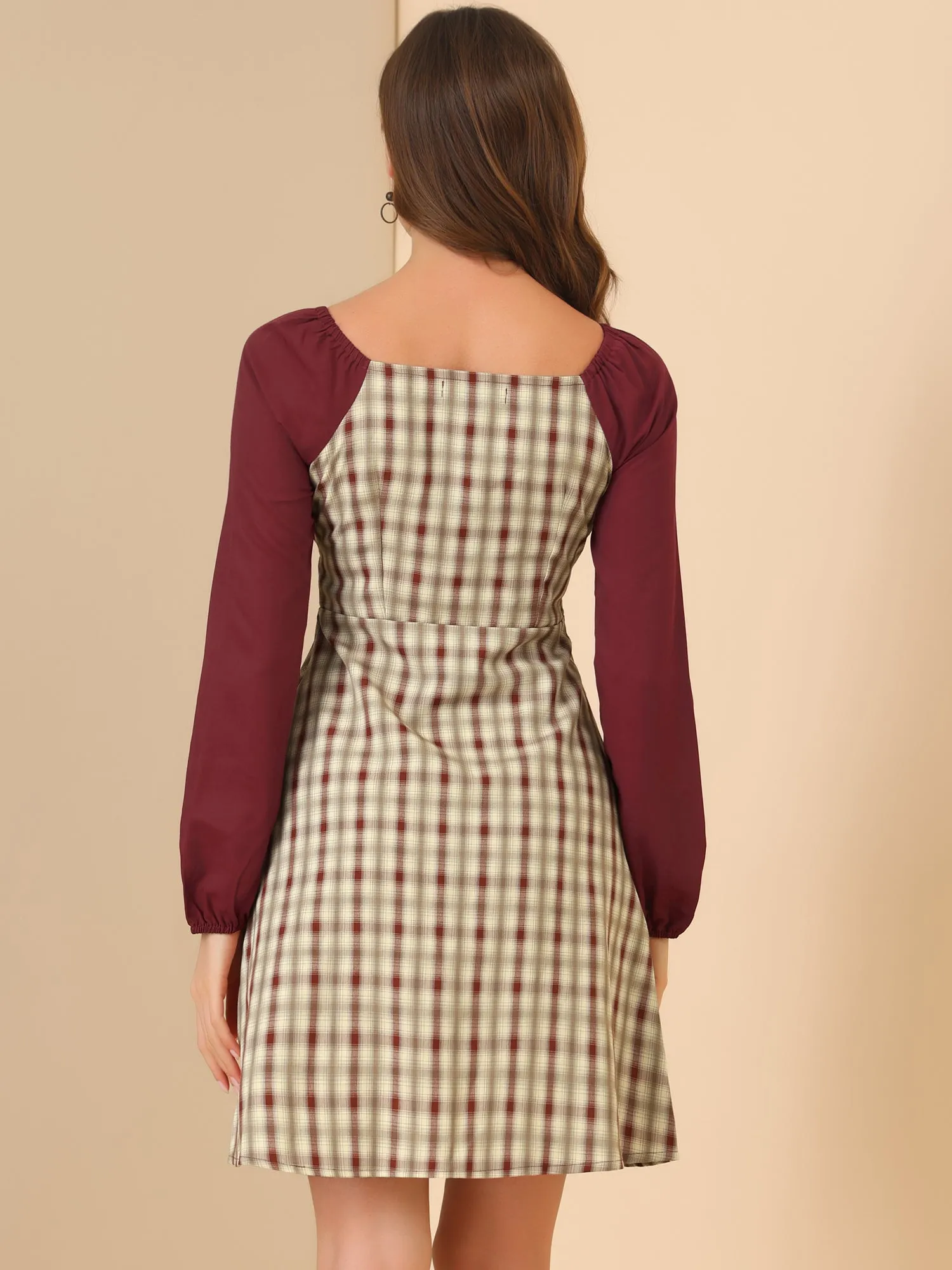 Square Neck Plaid Contrast Long Sleeve A-Line Dress sold by Allegra K product image thumbnail 4