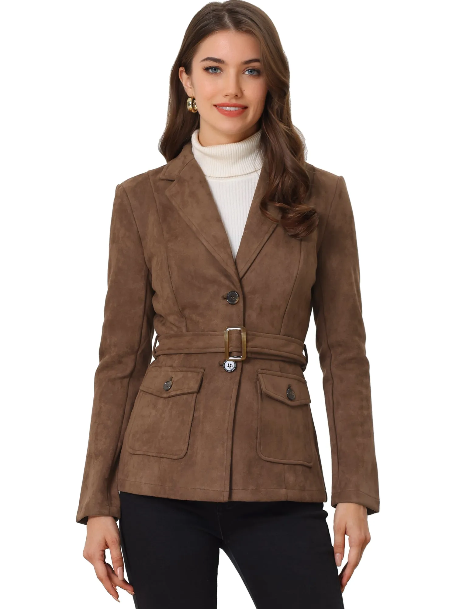 Faux Suede Blazer Belted Lapel Outwear Single Breasted Work Jacket sold by Allegra K product image thumbnail 4