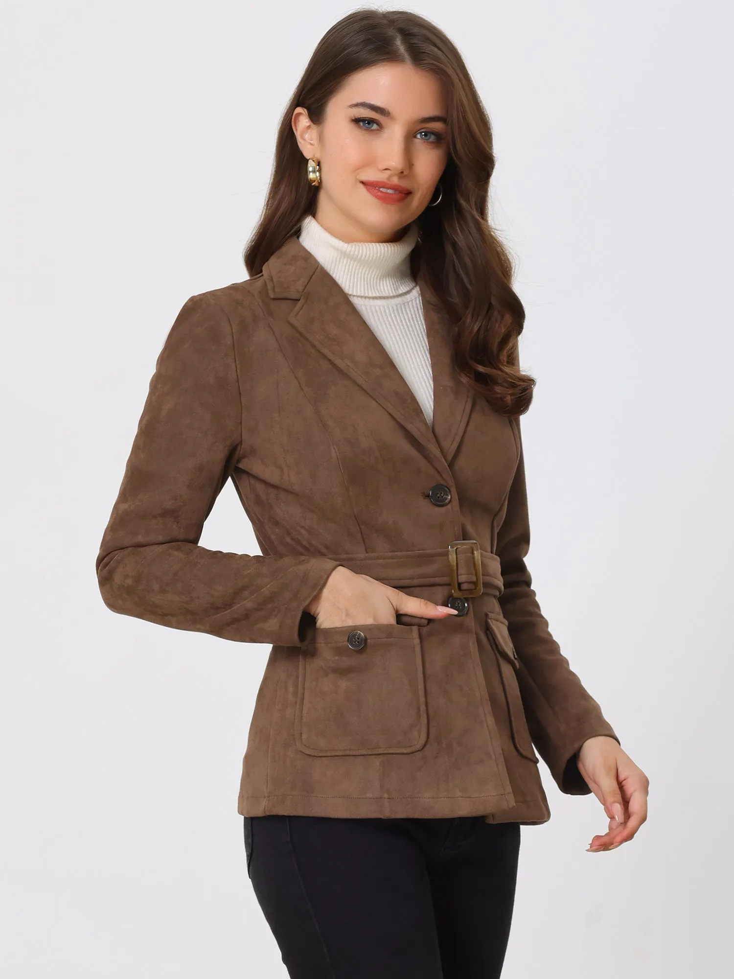 Faux Suede Blazer Belted Lapel Outwear Single Breasted Work Jacket sold by Allegra K