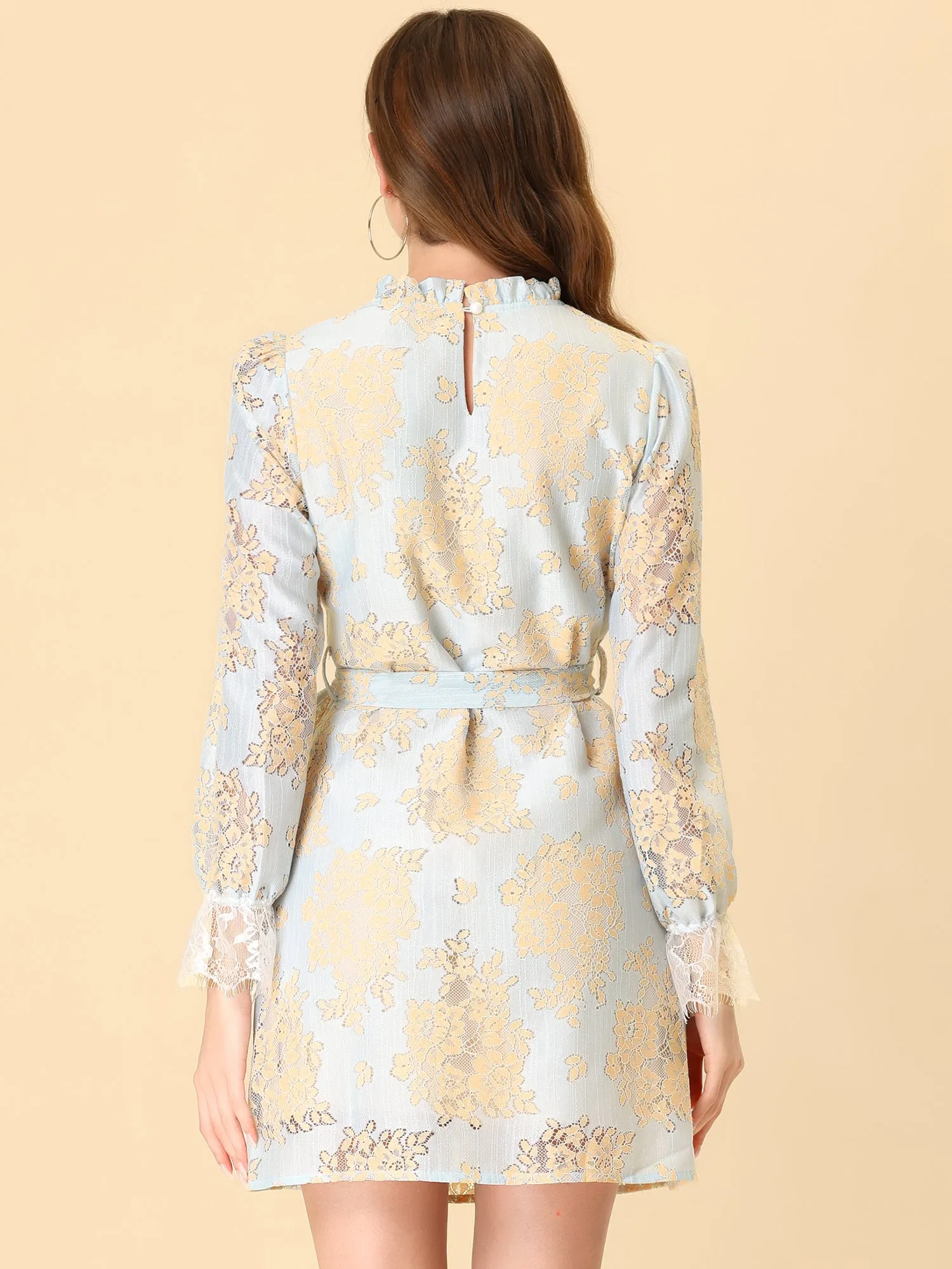 Lace Floral Ruffle Crew Neck Cocktail Mini Dress sold by Allegra K product image thumbnail 3