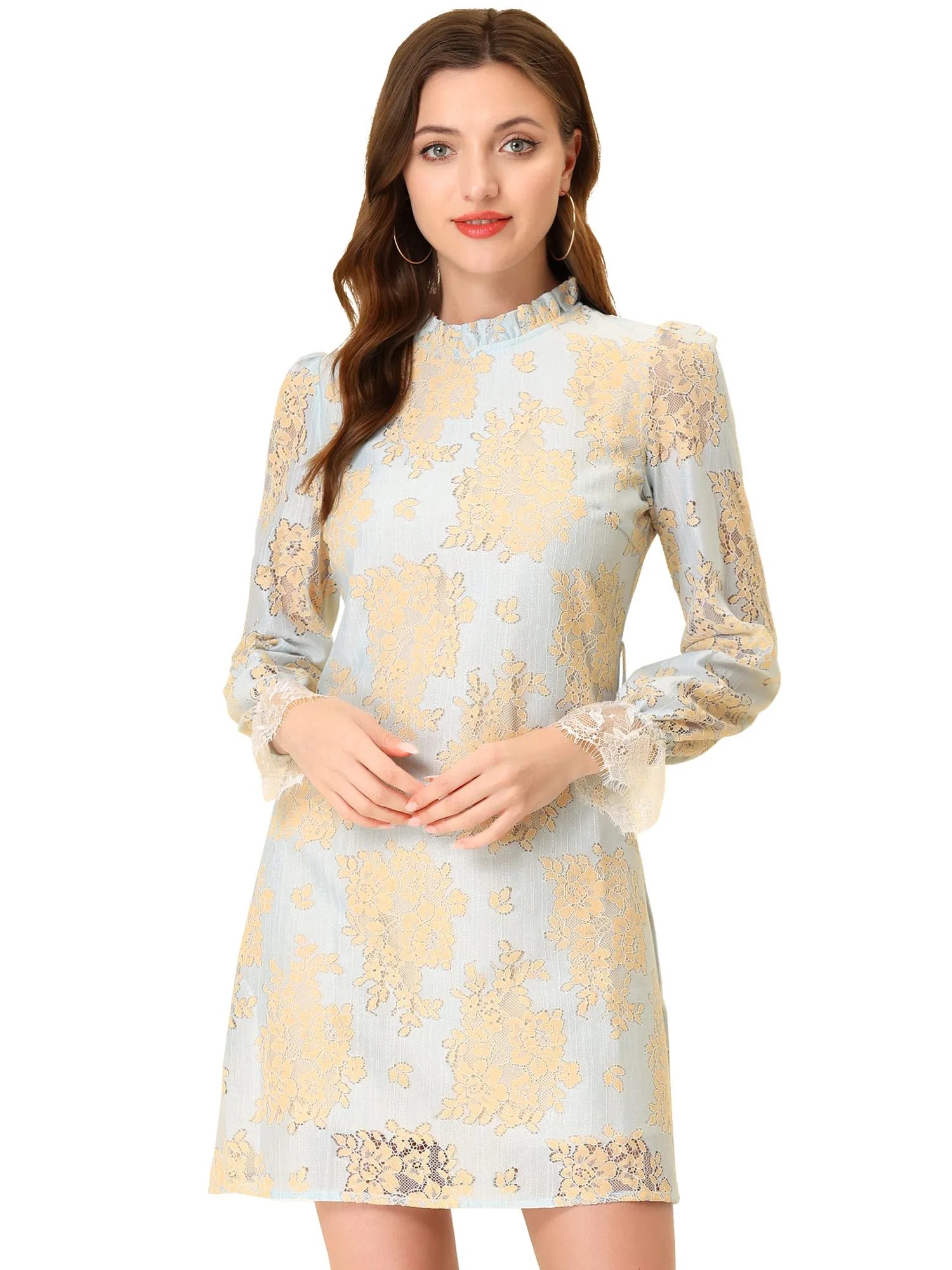 Lace Floral Ruffle Crew Neck Cocktail Mini Dress sold by Allegra K product image thumbnail 4
