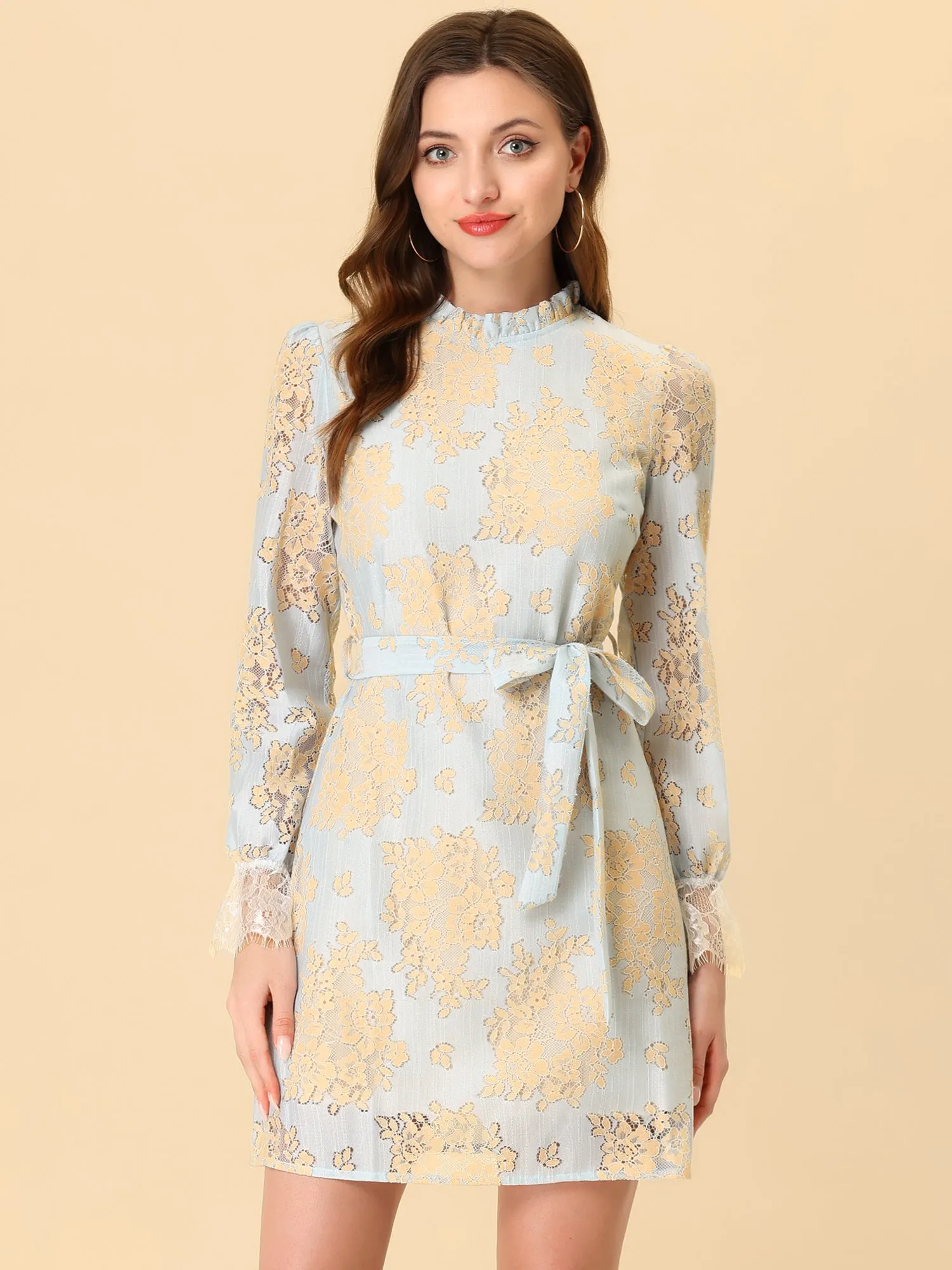 Lace Floral Ruffle Crew Neck Cocktail Mini Dress sold by Allegra K product image thumbnail 2