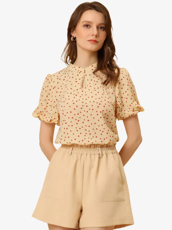 Peasant Floral Dotted Stand Collar Puff Sleeve Keyhole Blouse sold by Allegra K