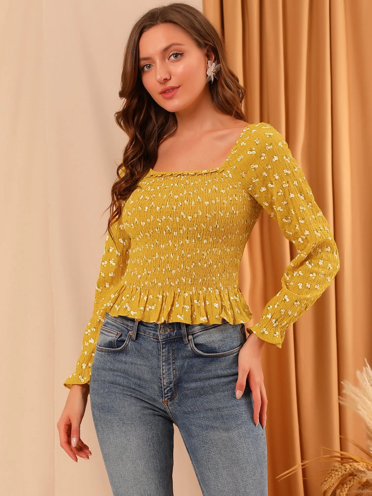 Ruffle Square Neck Long Sleeve Texture Floral Smocked Blouse Top sold by Allegra K product image thumbnail 3