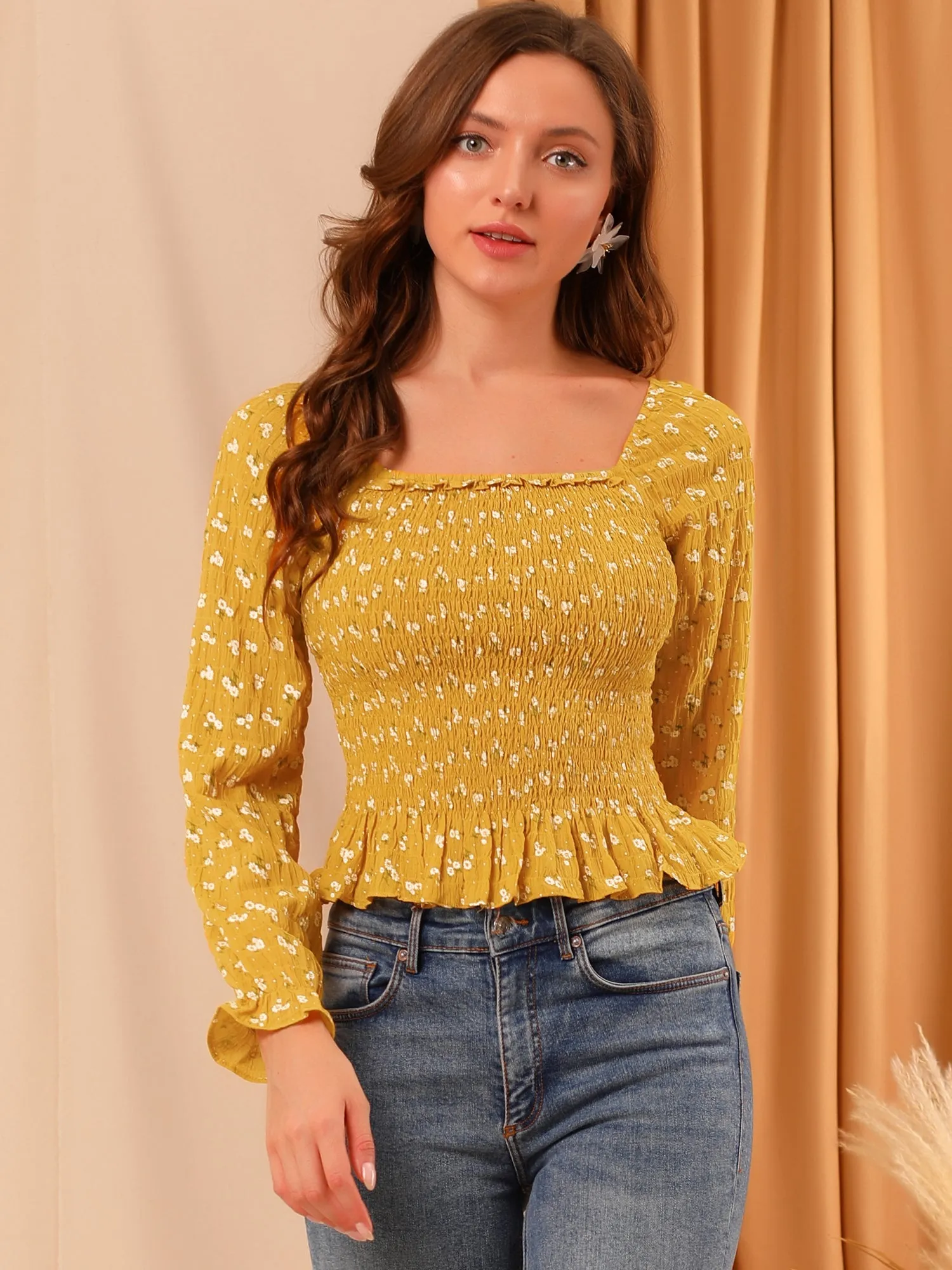 Ruffle Square Neck Long Sleeve Texture Floral Smocked Blouse Top sold by Allegra K product image thumbnail 2