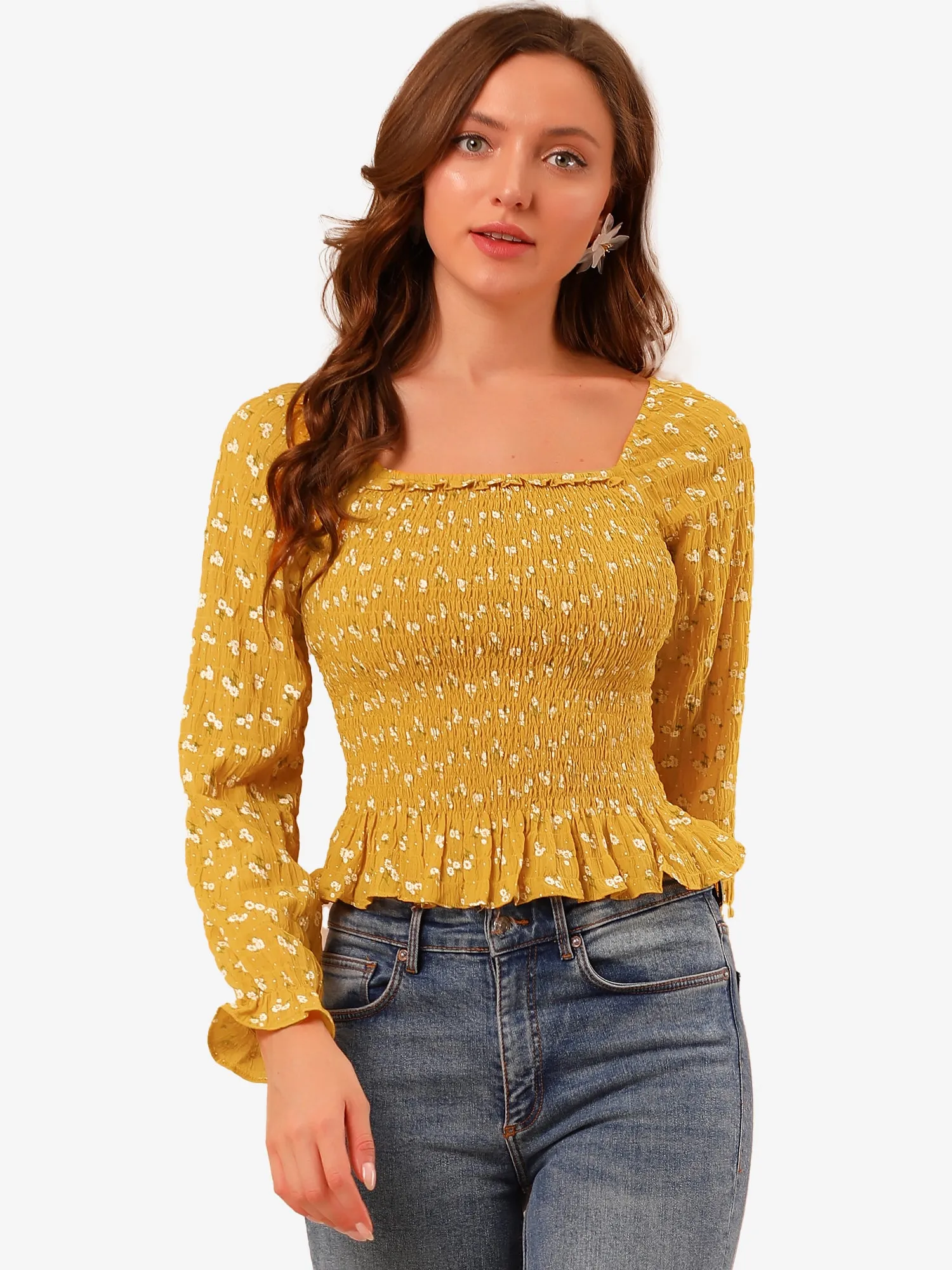 Ruffle Square Neck Long Sleeve Texture Floral Smocked Blouse Top sold by Allegra K