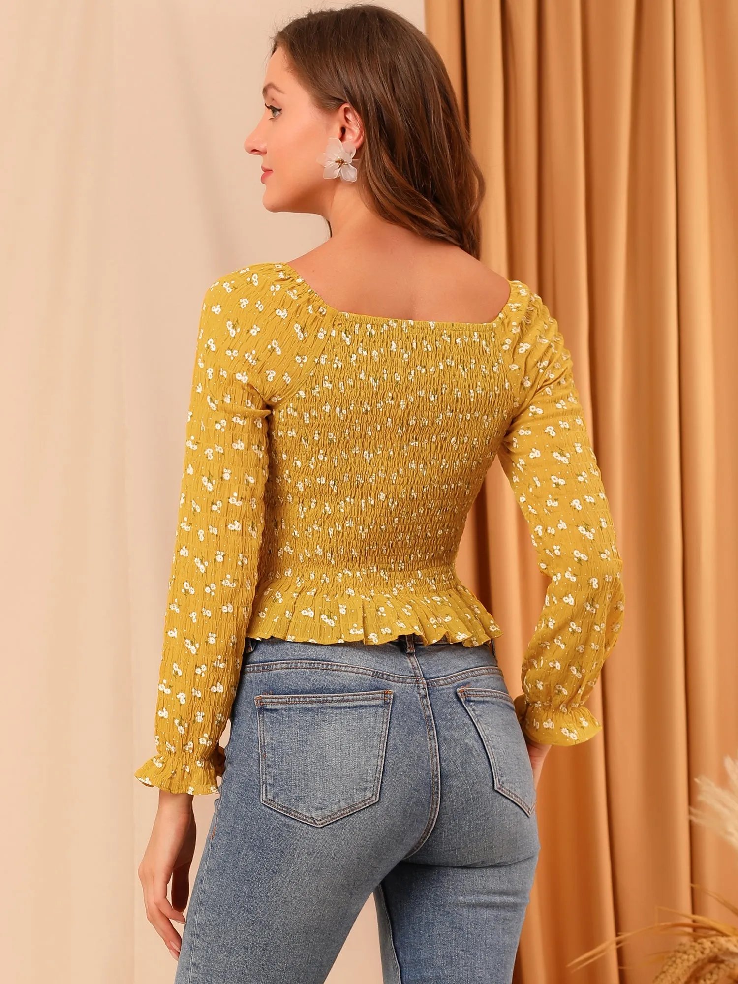 Ruffle Square Neck Long Sleeve Texture Floral Smocked Blouse Top sold by Allegra K product image thumbnail 5