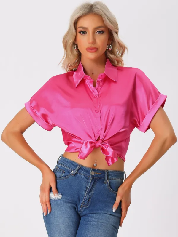 Women's Satin Shirt Button Down Short Sleeves Casual Blouse sold by Allegra K