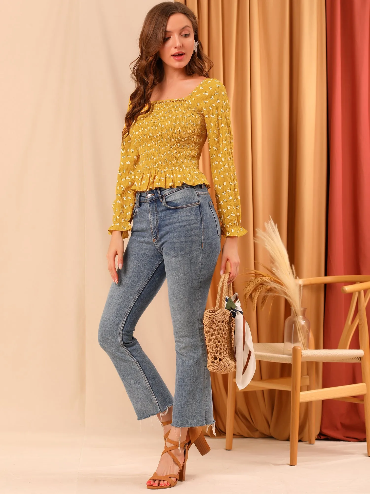 Ruffle Square Neck Long Sleeve Texture Floral Smocked Blouse Top sold by Allegra K product image thumbnail 4