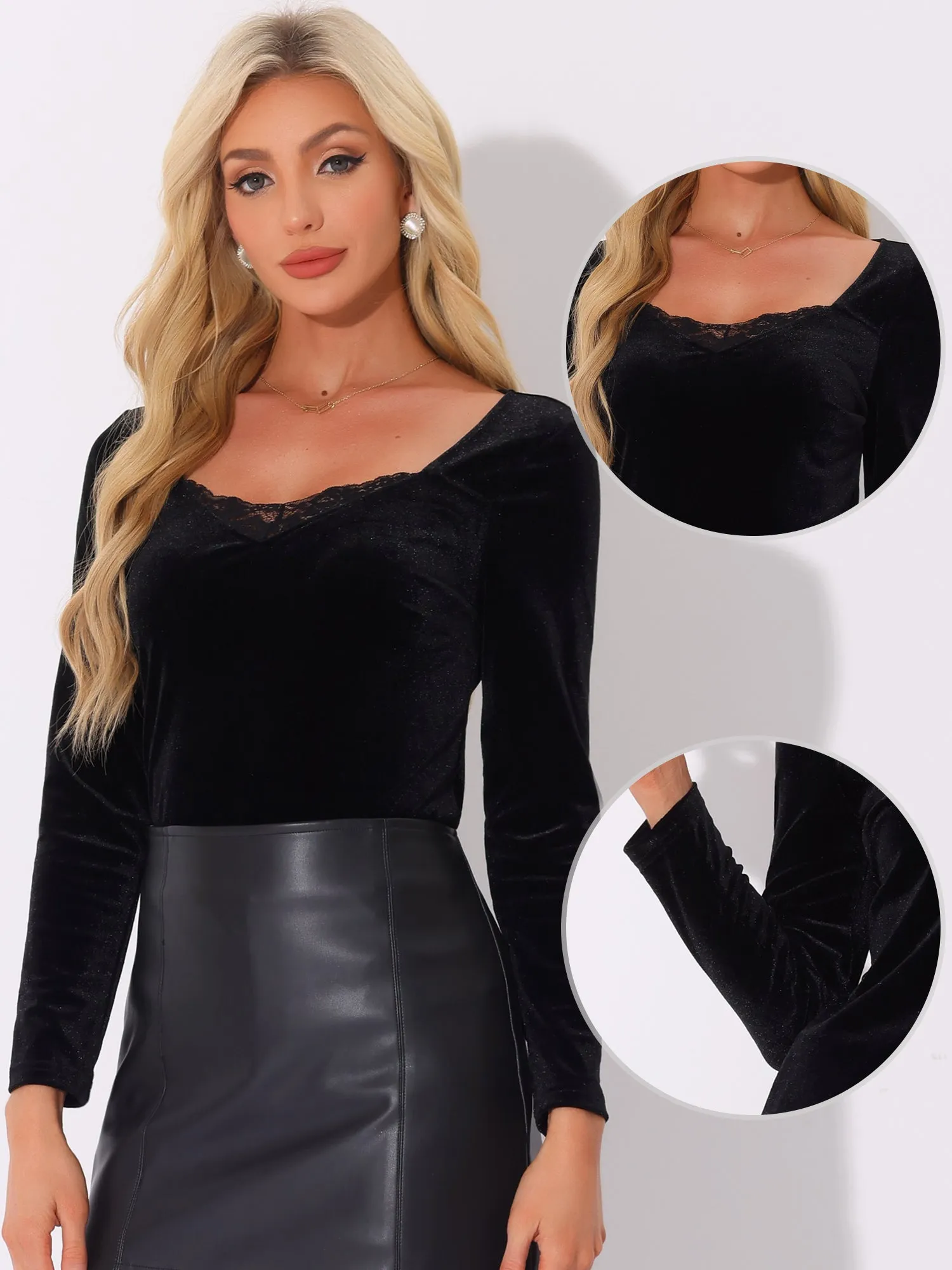 Velvet Lace V Neck Long Sleeve Solid Color Blouse sold by Allegra K product image thumbnail 2