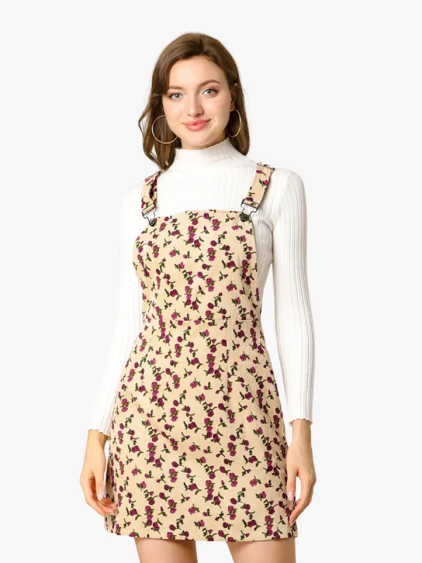 Adjustable Strap Pinafore Corduroy Floral Bib Overalls Dress sold by Allegra K