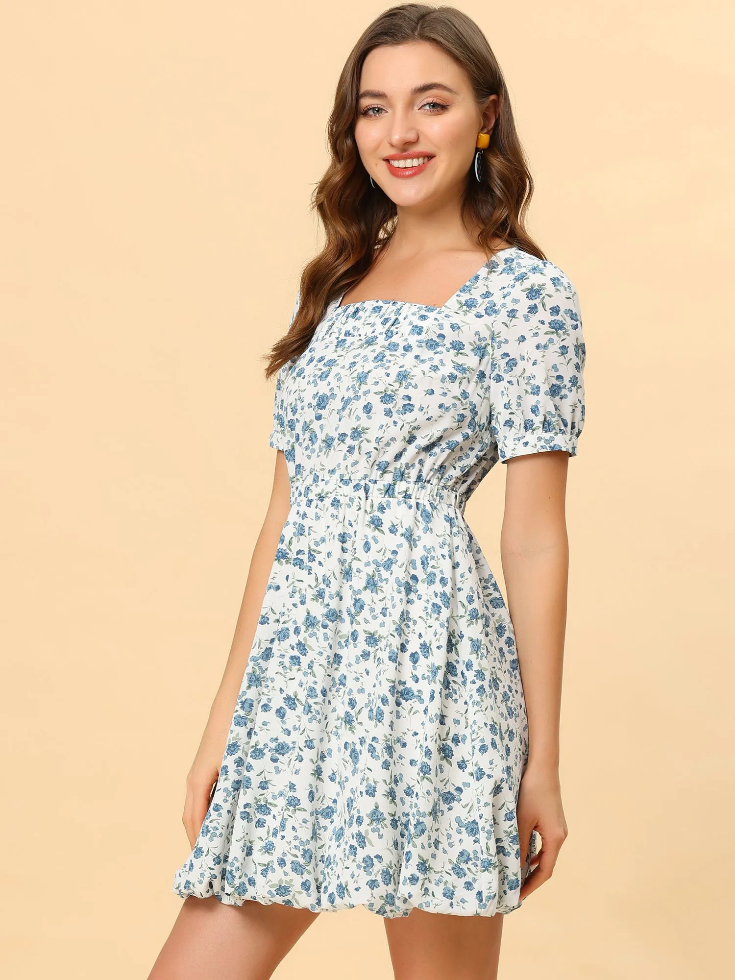 Summer Floral Square Neck Puff Sleeve Ditsy Bubble Mini Dress sold by Allegra K