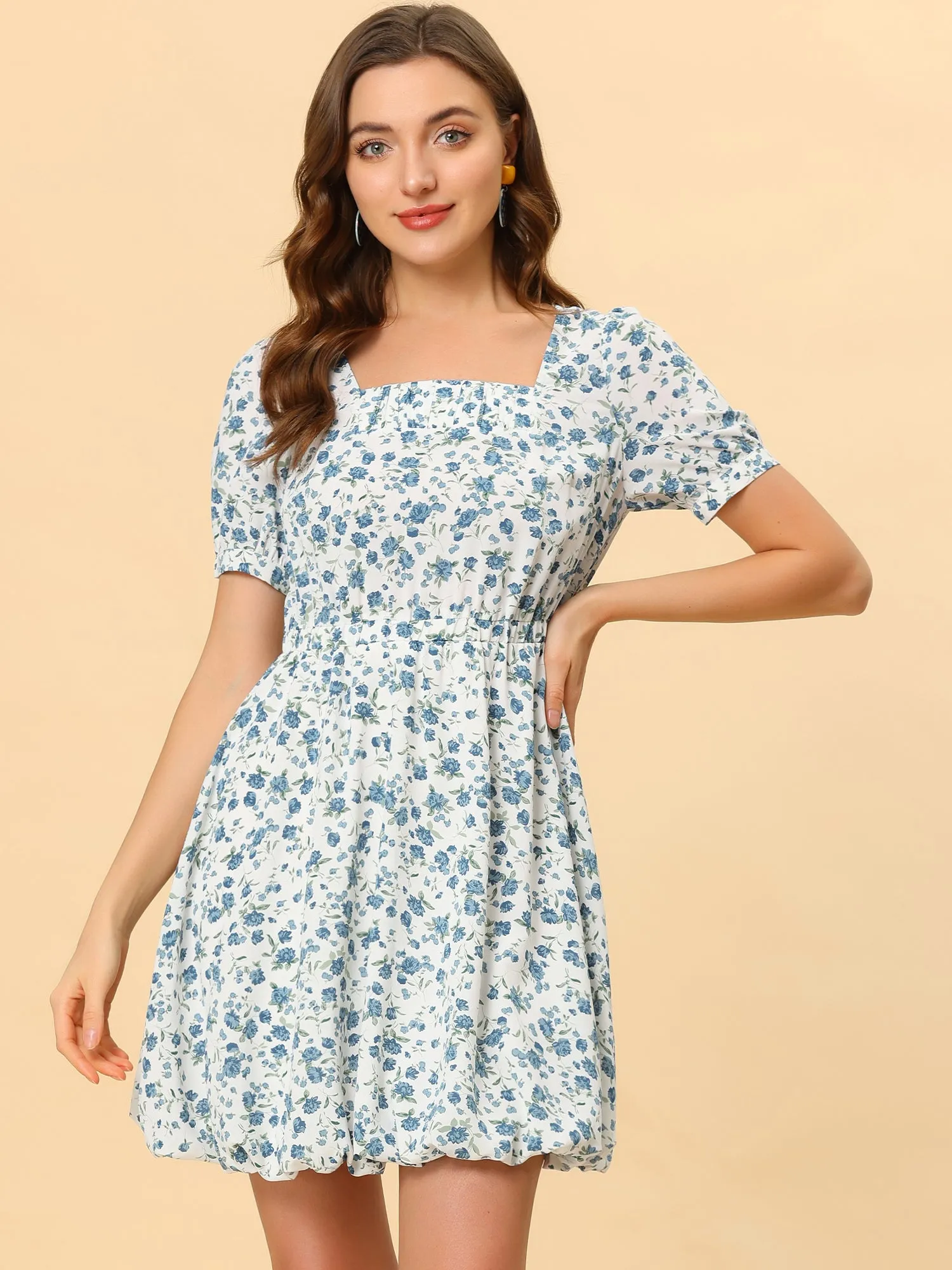 Summer Floral Square Neck Puff Sleeve Ditsy Bubble Mini Dress sold by Allegra K product image thumbnail 3
