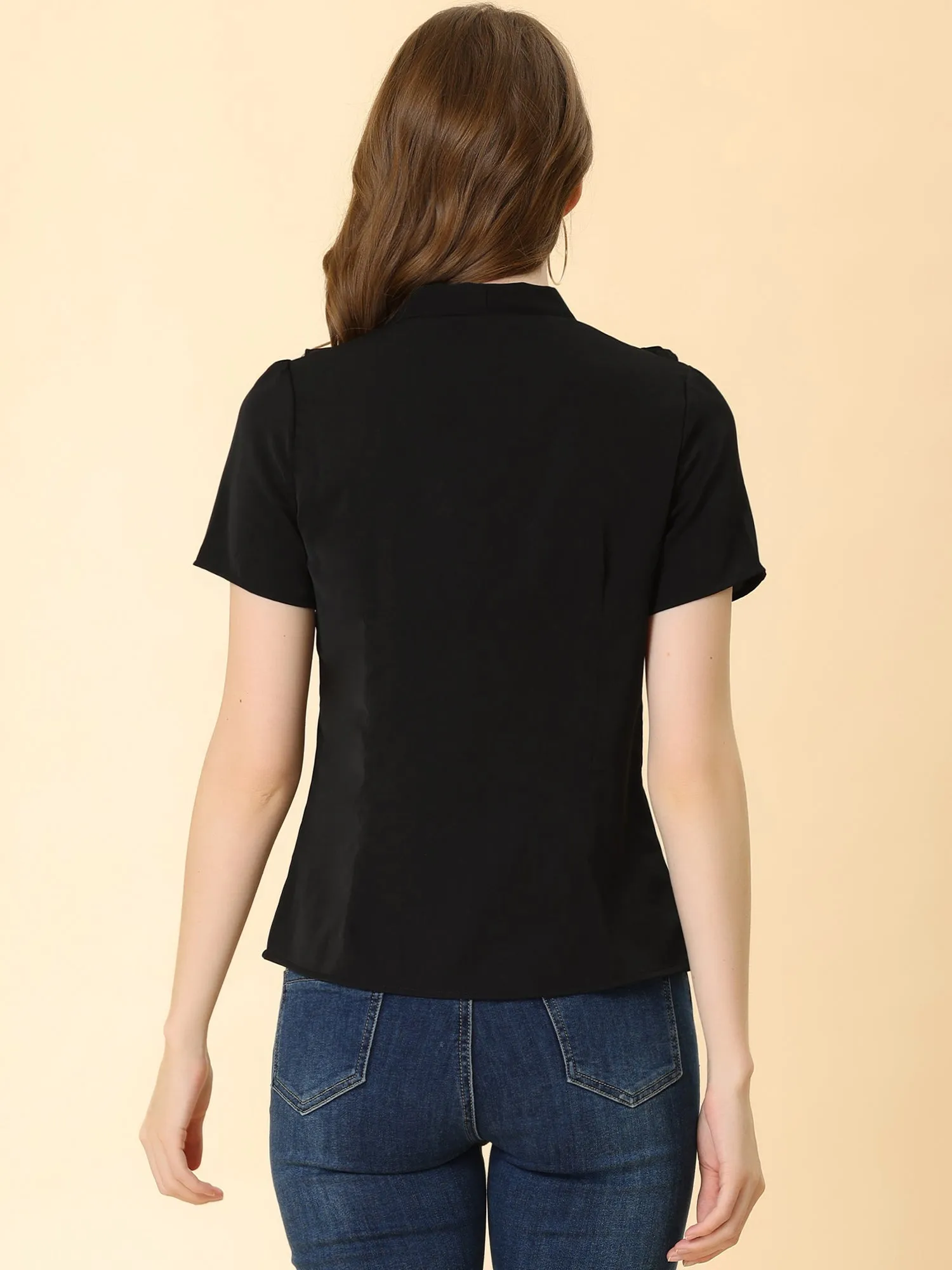 Mesh Insert Tie Neck Short Sleeve Ruffle Blouse sold by Allegra K product image thumbnail 5