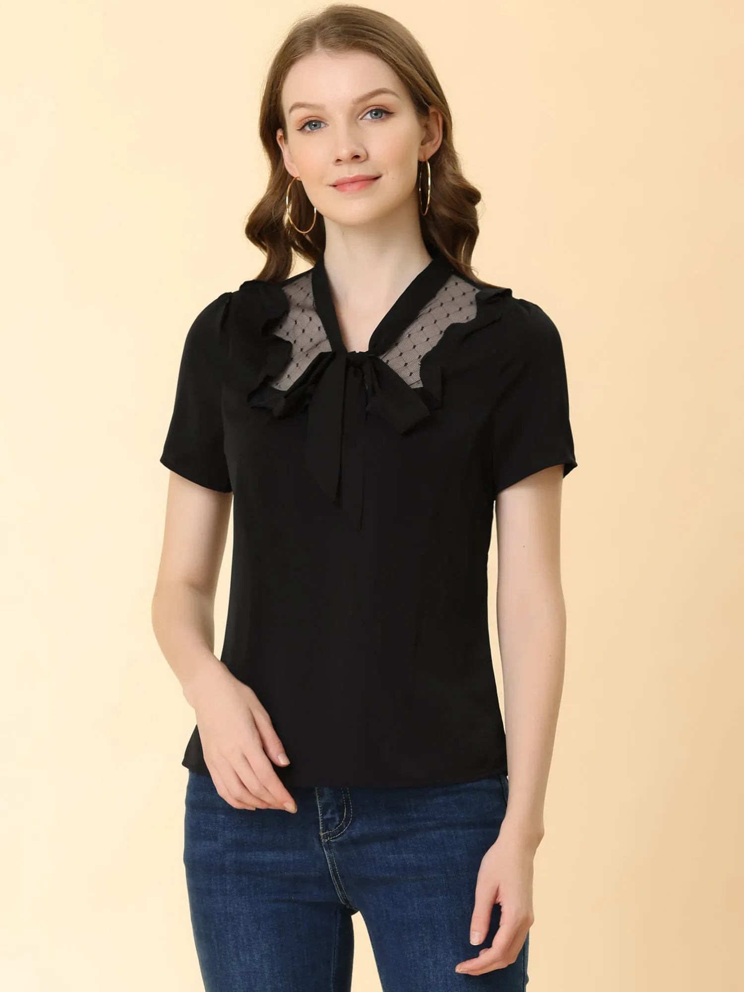 Mesh Insert Tie Neck Short Sleeve Ruffle Blouse sold by Allegra K product image thumbnail 2