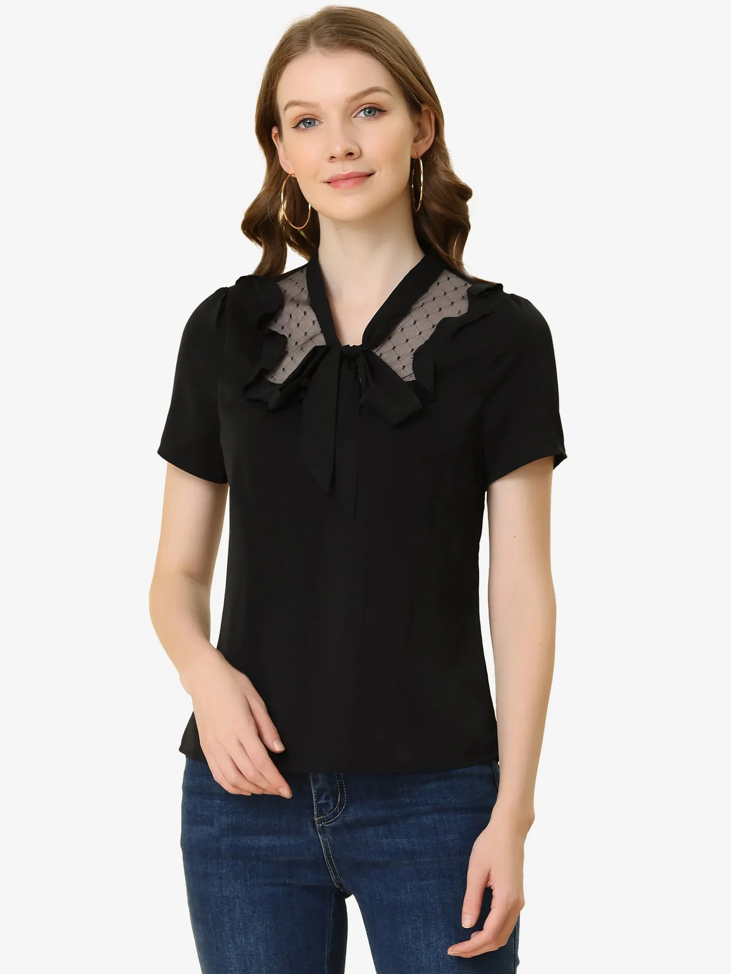 Mesh Insert Tie Neck Short Sleeve Ruffle Blouse sold by Allegra K