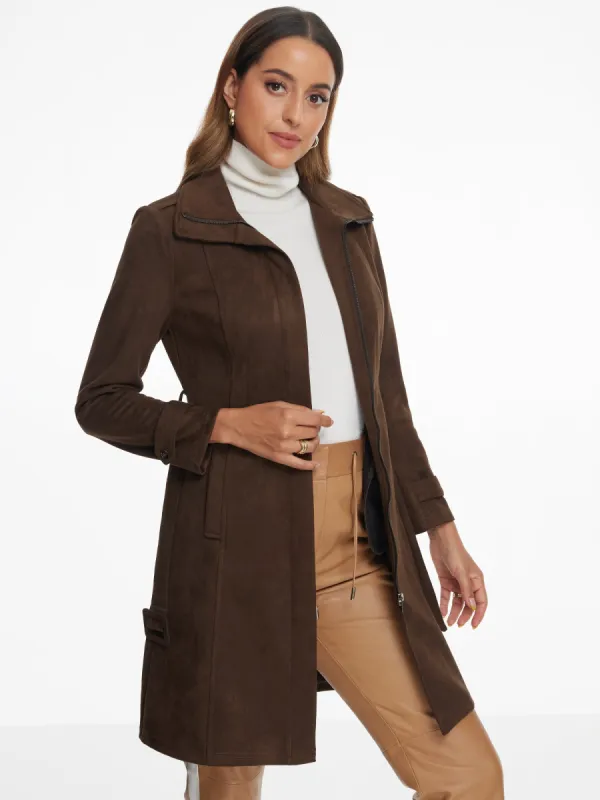 Faux Suede Belted Long Sleeves Zipper Collared Jacket sold by Allegra K