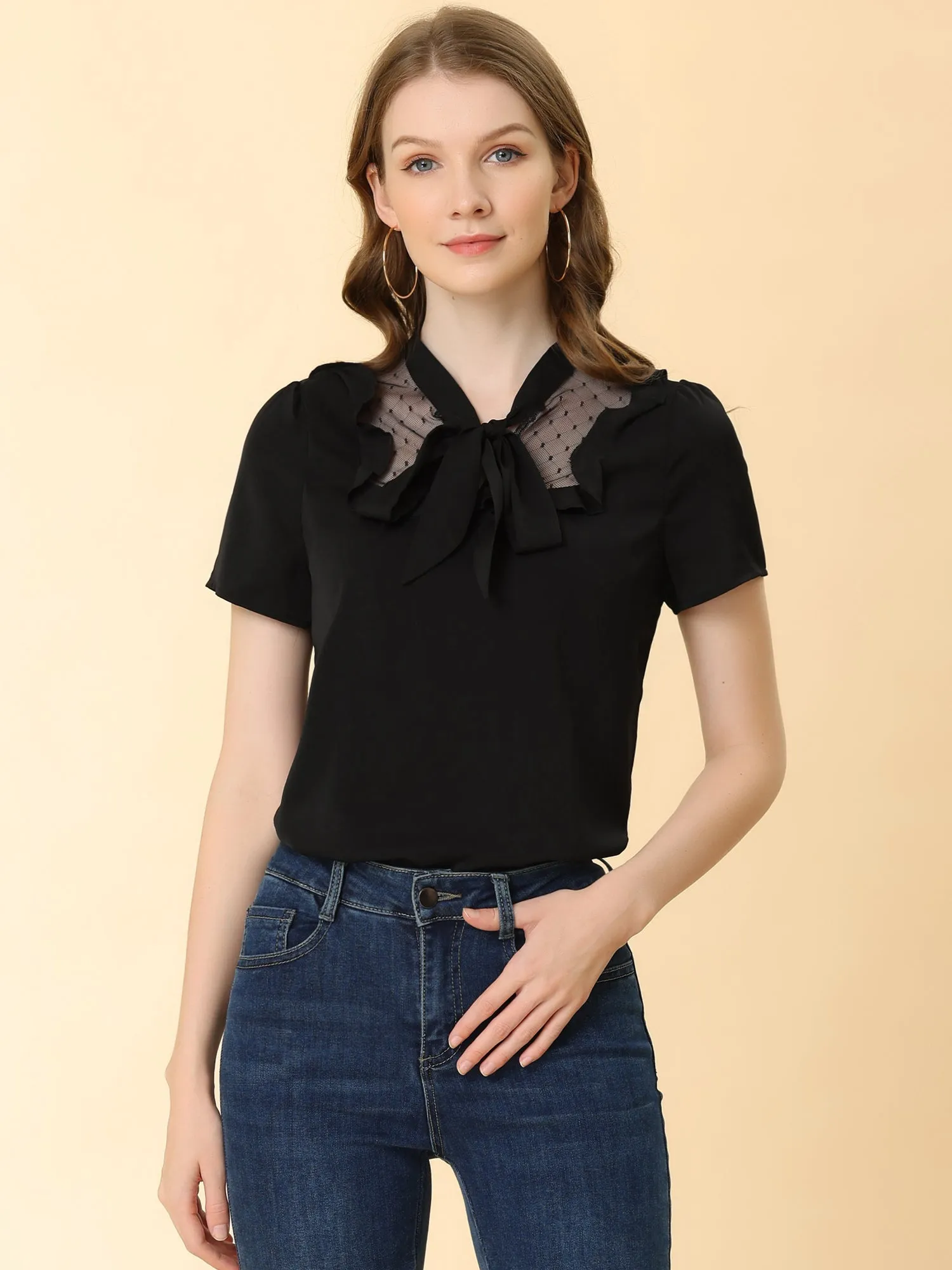 Mesh Insert Tie Neck Short Sleeve Ruffle Blouse sold by Allegra K product image thumbnail 3