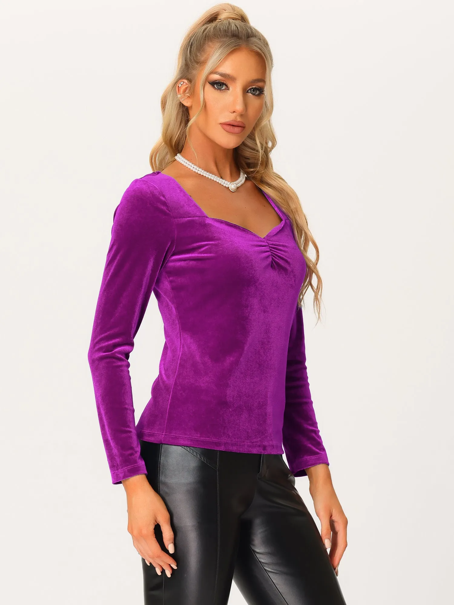 Sweetheart Neckline Pleated Front Long Sleeve Retro Velvet Blouse sold by Allegra K product image thumbnail 2
