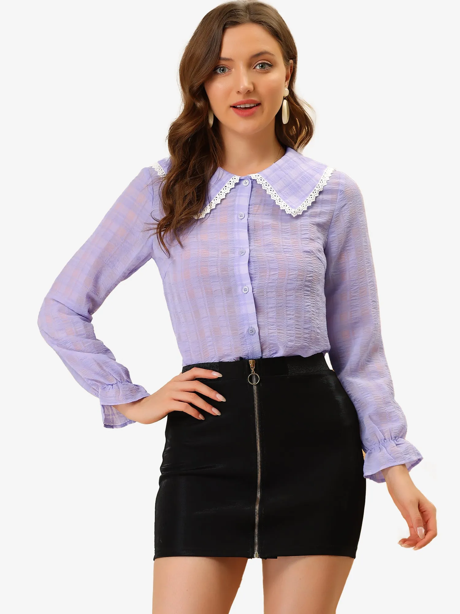 Contrast Peter Pan Collar Long Sleeve Textured Gingham Blouse sold by Allegra K