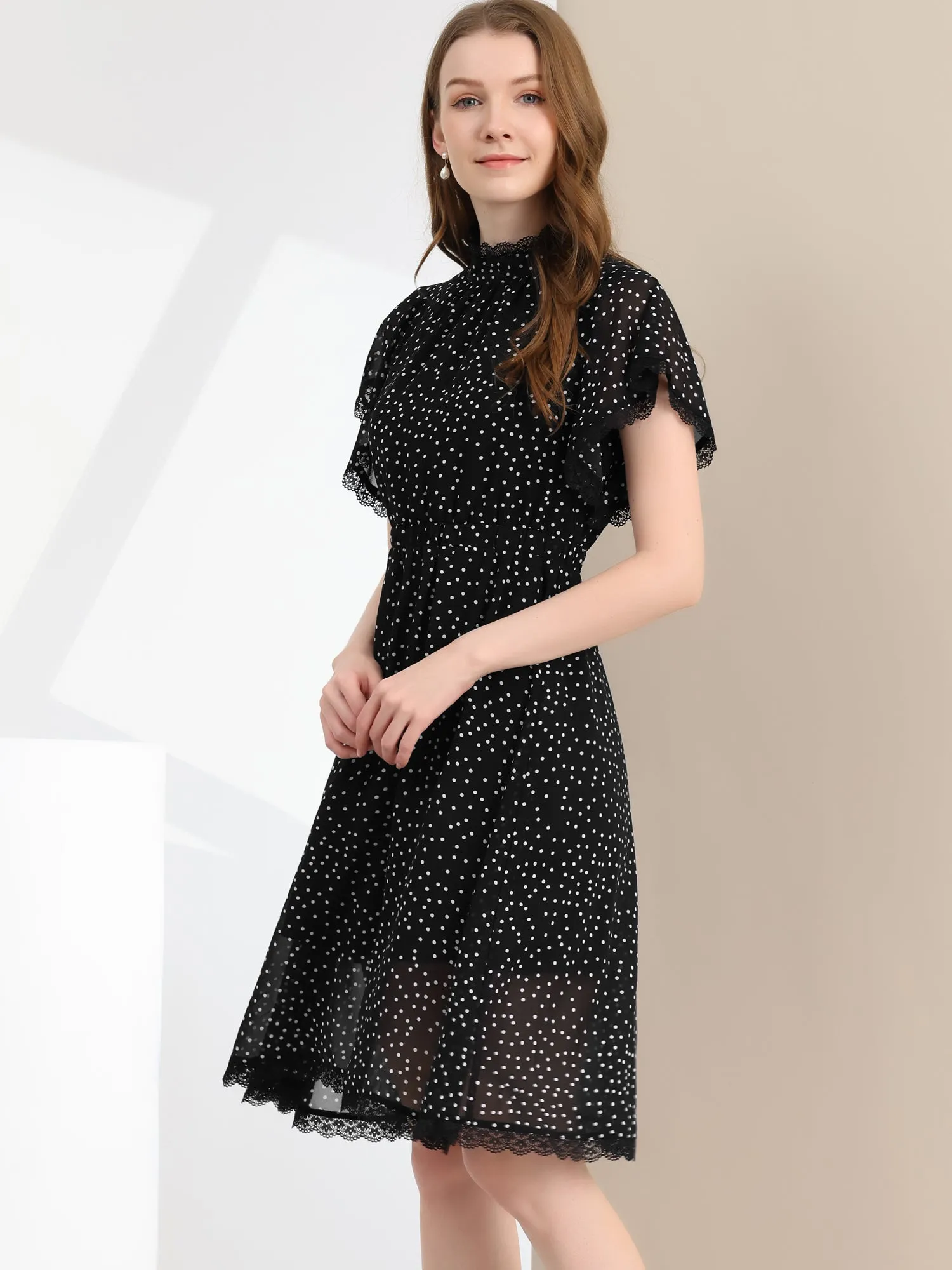 Polka Dot Lace Ruffle Neck Flutter Short Sleeve Midi Dress sold by Allegra K product image thumbnail 4