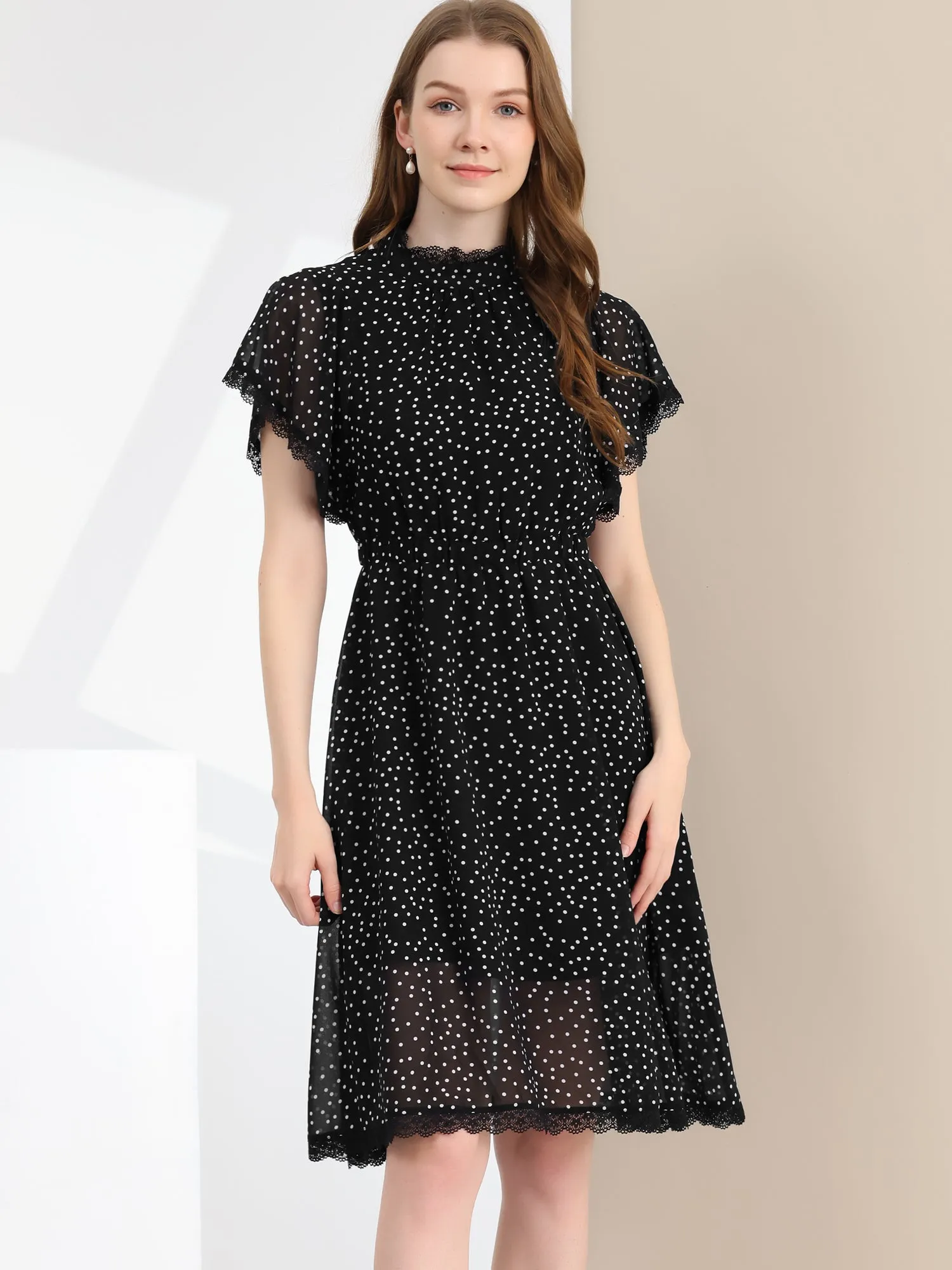 Polka Dot Lace Ruffle Neck Flutter Short Sleeve Midi Dress sold by Allegra K product image thumbnail 2