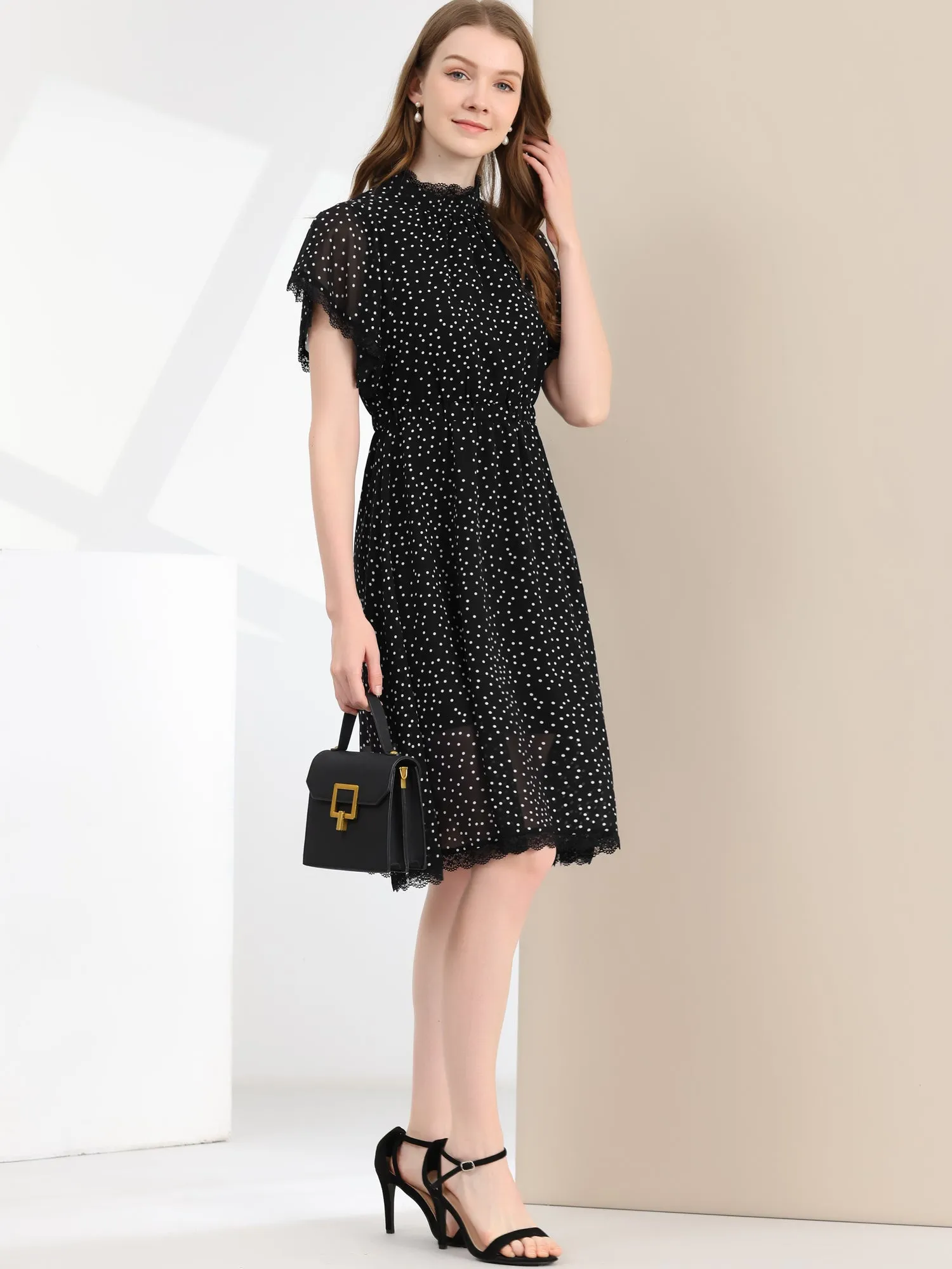 Polka Dot Lace Ruffle Neck Flutter Short Sleeve Midi Dress sold by Allegra K