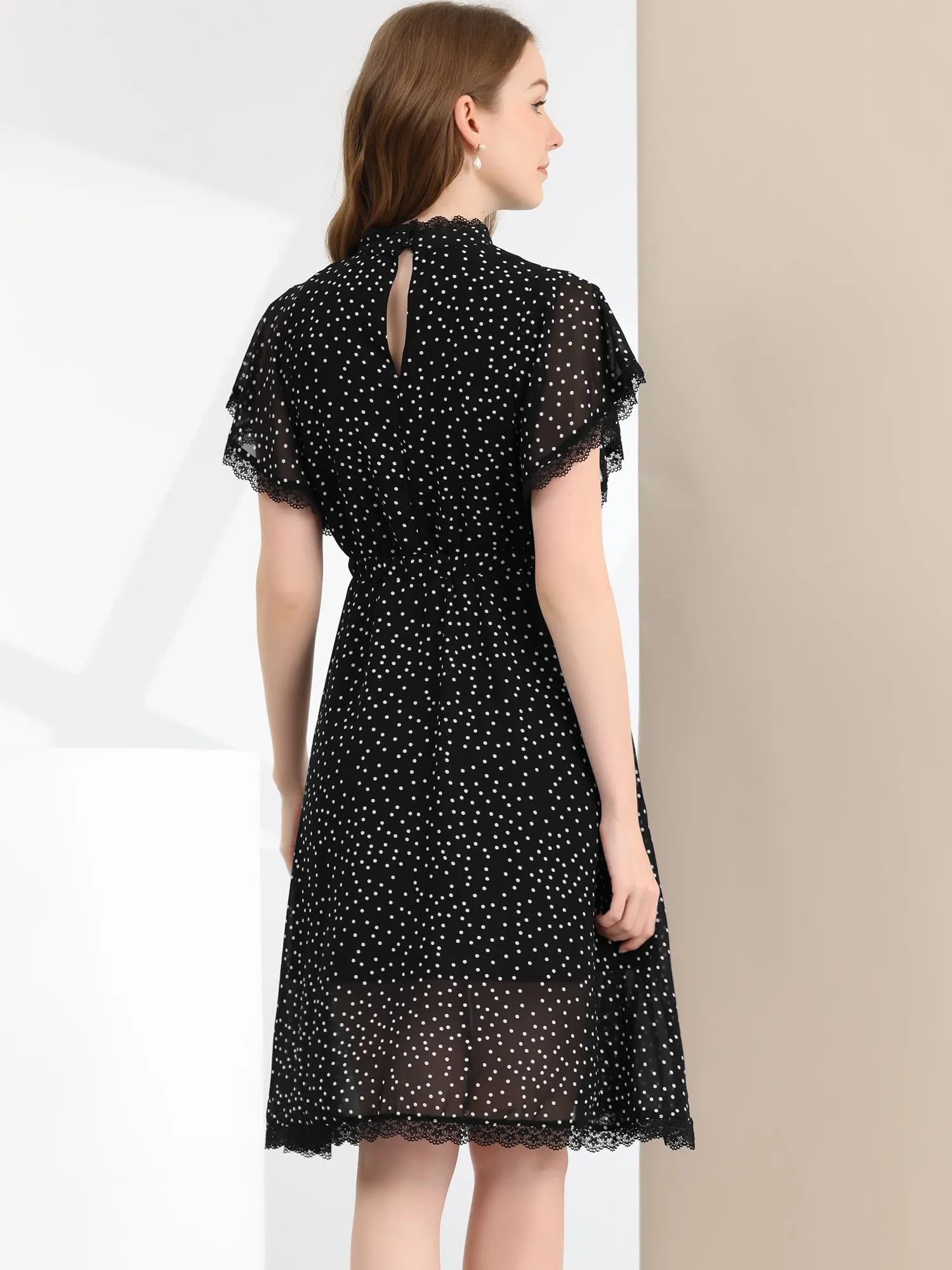 Polka Dot Lace Ruffle Neck Flutter Short Sleeve Midi Dress sold by Allegra K product image thumbnail 3