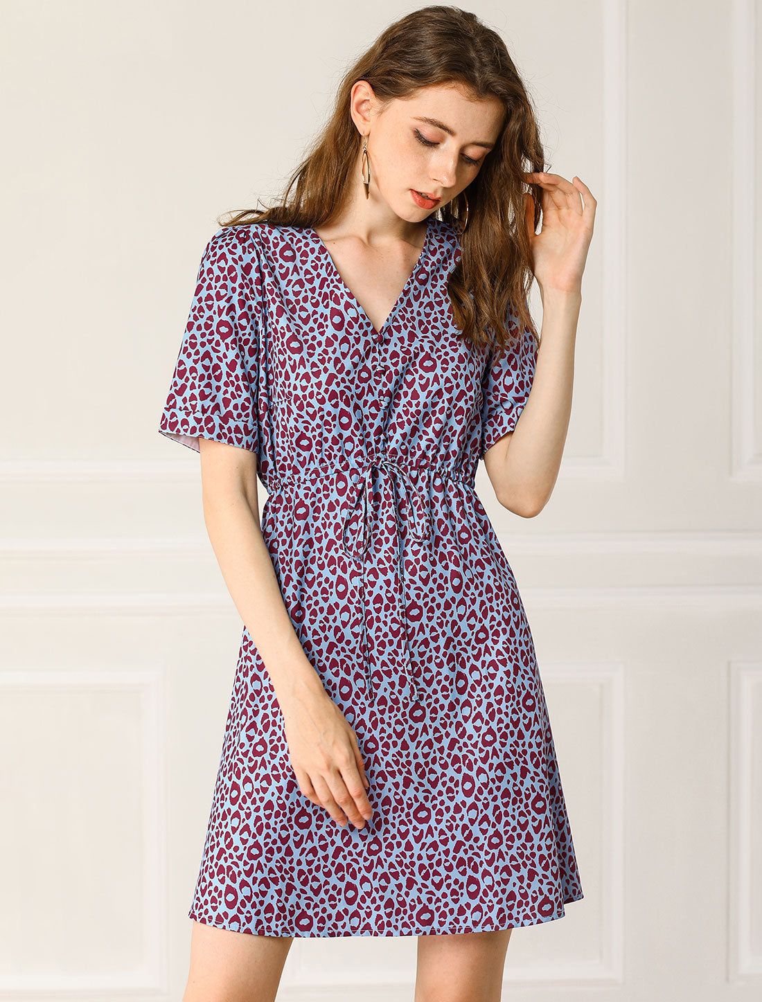 Leopard High Waist Drawstring V Neck Short Sleeve A-Line Dress sold by Allegra K product image thumbnail 2