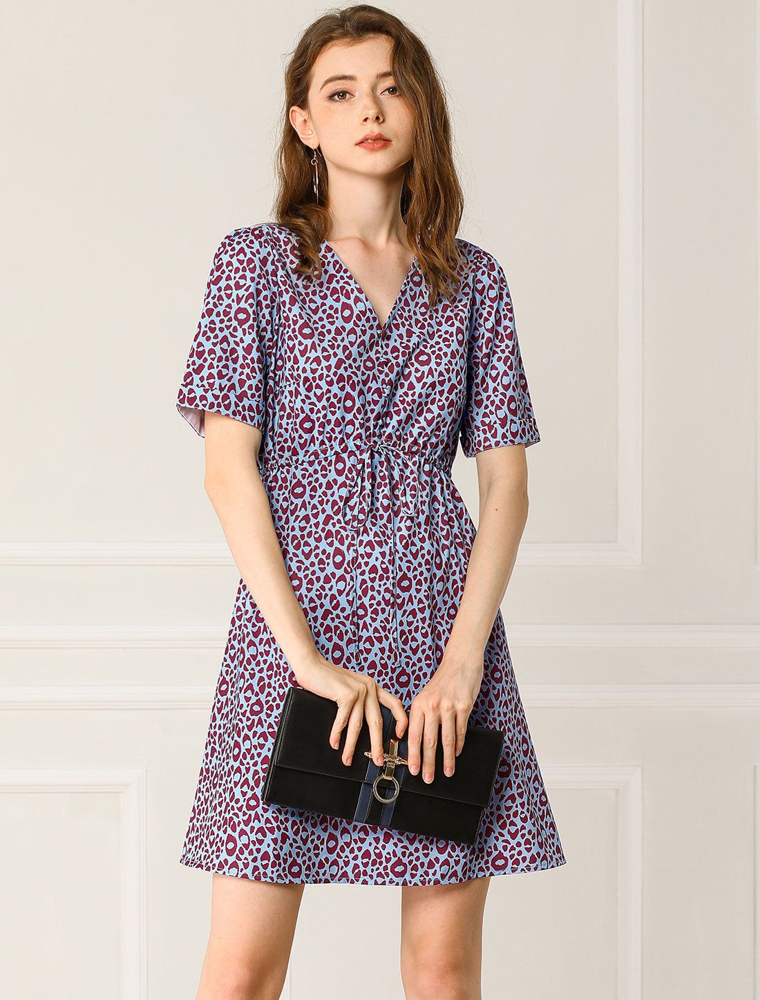 Leopard High Waist Drawstring V Neck Short Sleeve A-Line Dress sold by Allegra K