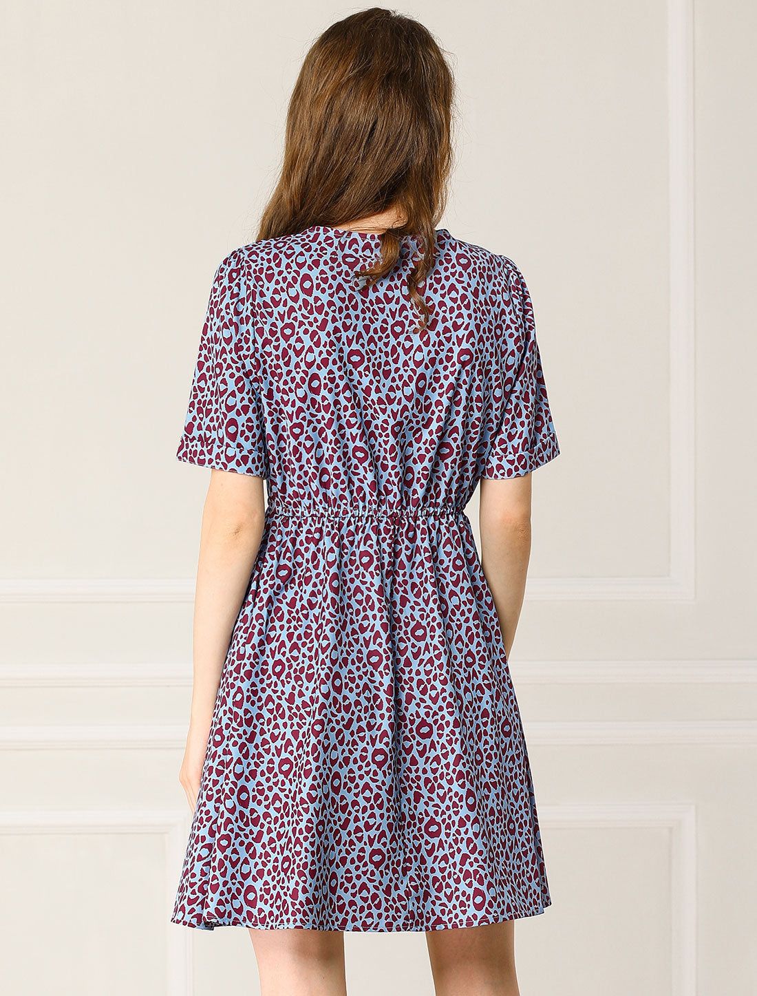 Leopard High Waist Drawstring V Neck Short Sleeve A-Line Dress sold by Allegra K product image thumbnail 4