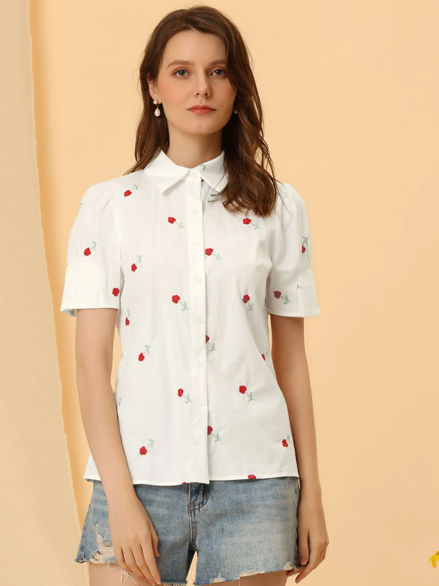 Short Sleeve Blouse Collared Embroidery Flower Button Up Shirt sold by Allegra K product image thumbnail 3